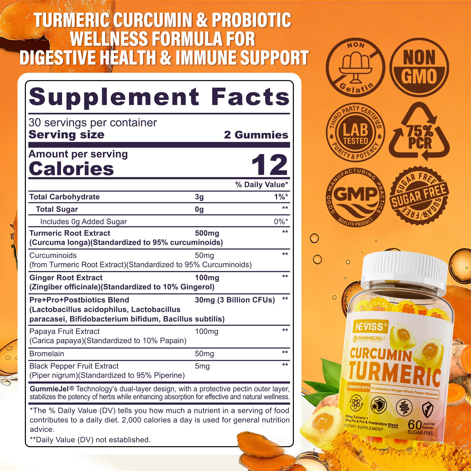 Sugar Free Turmeric Curcumin Filled Gummies 550mg for Adults, Ginger & Black Pepper | 95% Curcuminoids w/Prebiotic Probiotic & Postbiotic Blend, Support, Immune & Digestive Health, Vegan, 2Pack NEVISSAu supplements