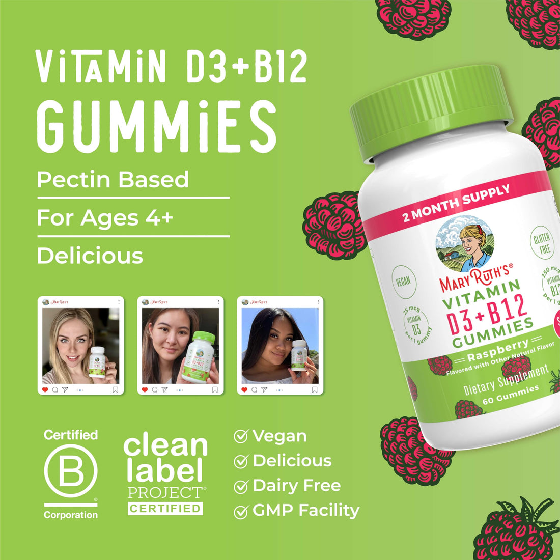 MaryRuth Organics Sugar Free | 2 Month Supply | Vitamin D & B12 Vitamin Supplements for Adults & Kids | Bone Health | Immune Support | Vegan | Non-GMO | 60 Servings MARYRUTH'SUS supplements