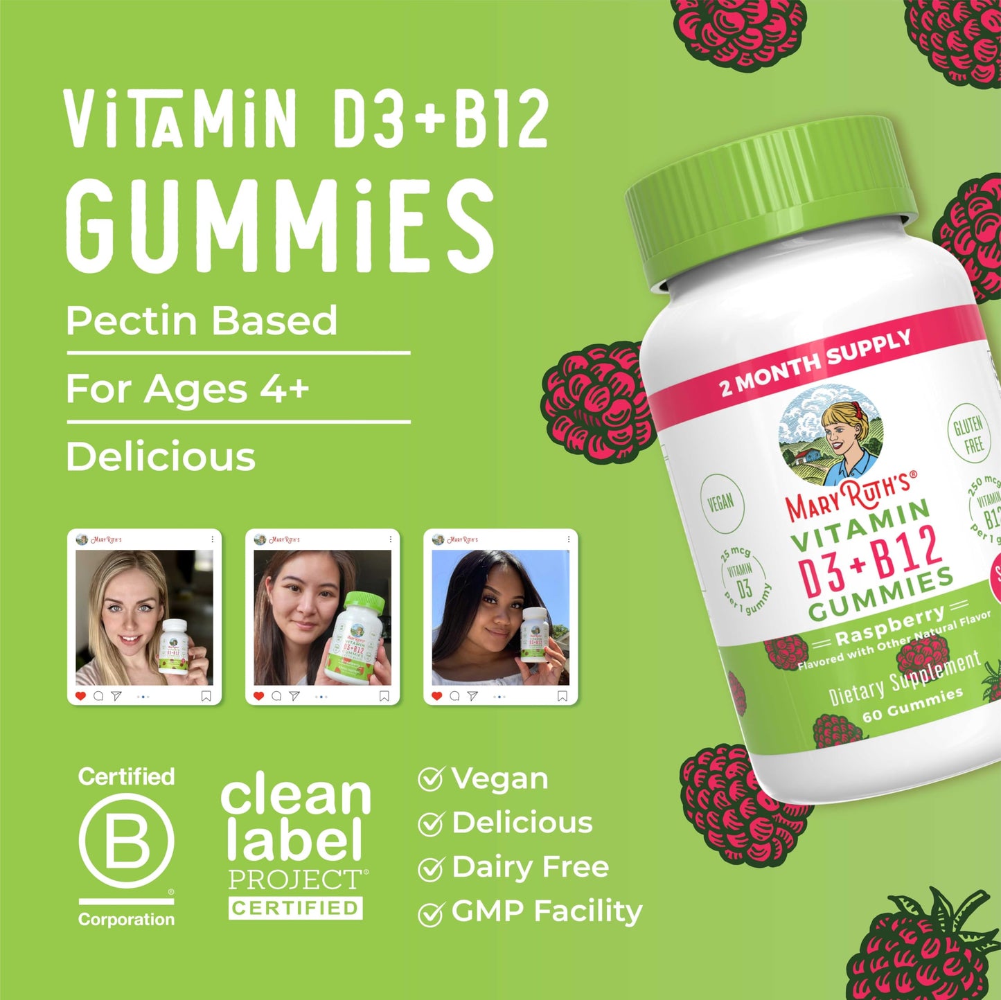 MaryRuth Organics Sugar Free | 2 Month Supply | Vitamin D & B12 Vitamin Supplements for Adults & Kids | Bone Health | Immune Support | Vegan | Non-GMO | 60 Servings MARYRUTH'SUS supplements
