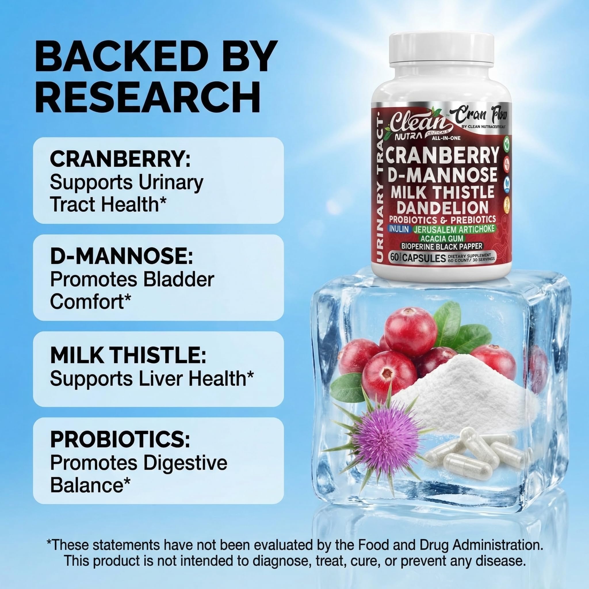 Cran Flow Cranberry Pills for Urinary Health D-Mannose Milk Thistle Dandelion Inulin Vitamin C Prebiotics and Probiotics Bladder Support By Clean Nutra Clean NutraceuticalsAu supplements