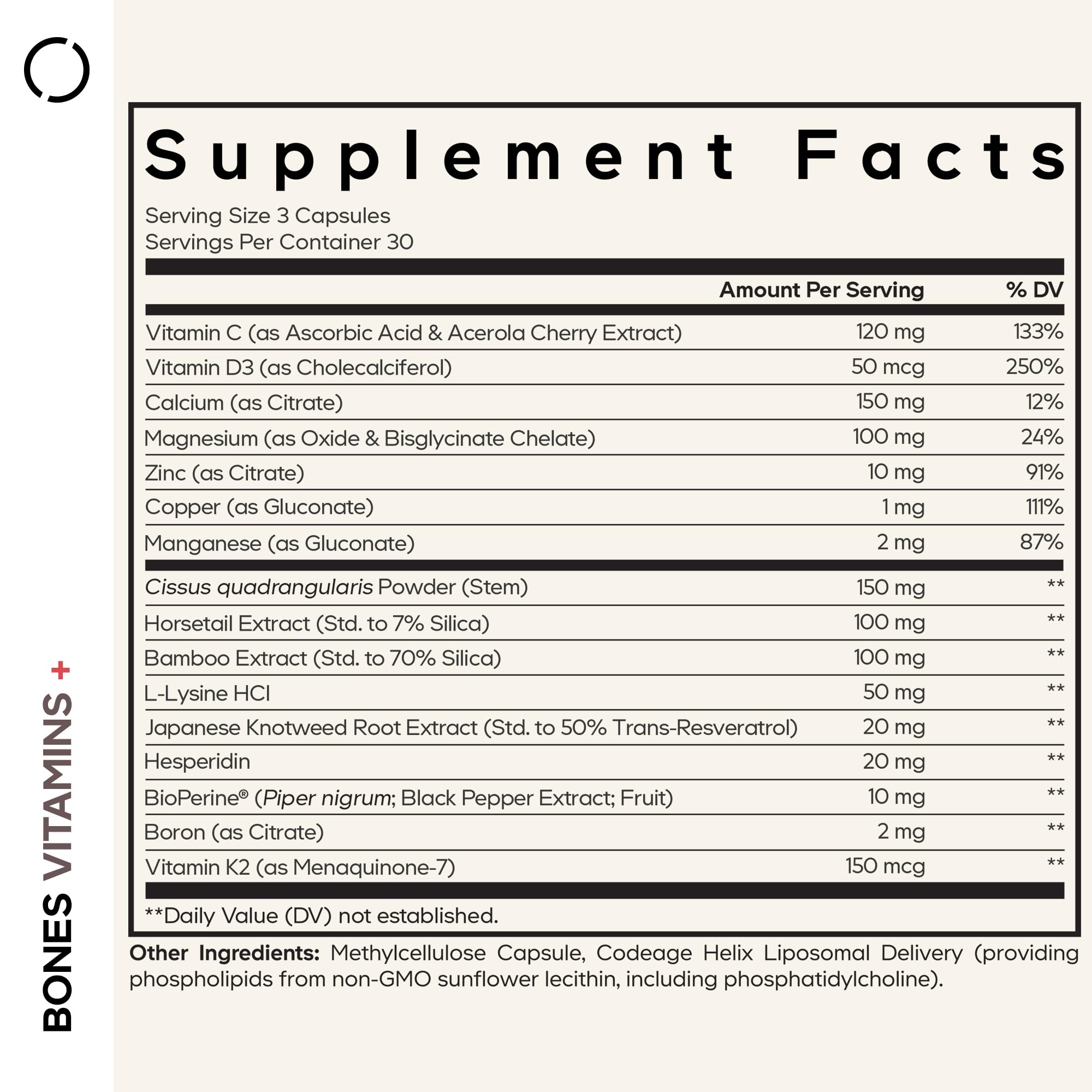 Codeage Bones Vitamins+ - Vitamin D3 & K2, Vitamin C, Calcium, Magnesium, Zinc, Hesperidin, L-Lysine, Manganese, Bamboo, Horsetail, Cissus, Boron, Trans-Resveratrol, Non-GMO Supplement - 90 Capsules CodeageAu supplements