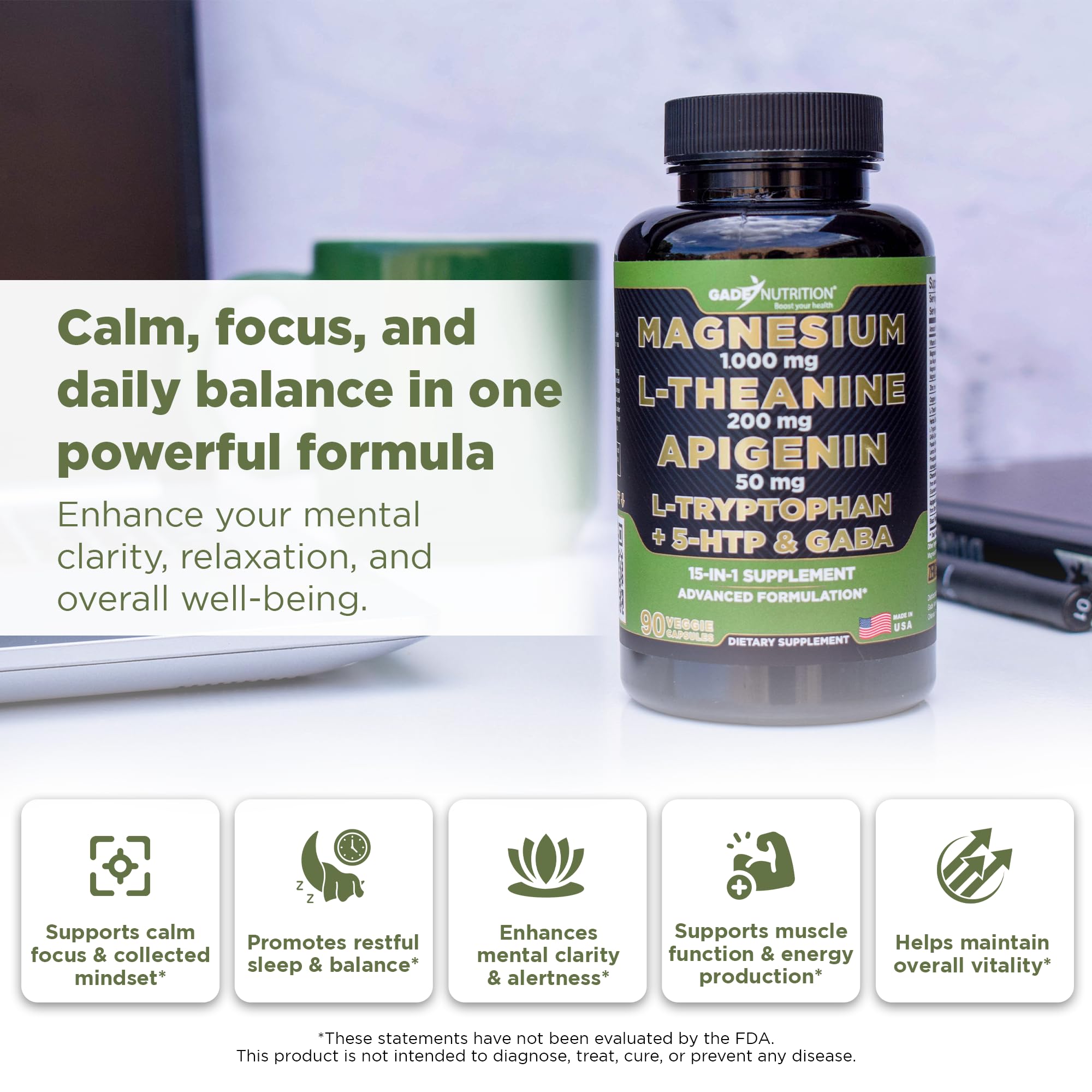 Gade Nutrition Magnesium Glycinate & Magneisum Supplements with Apigenin, L Theanine 200 mg, 5 HTP, GABA Calm Brain Booster Supplement Sleep Aid Ashwagandha L Tryptophan Chamomile GADE NUTRITION BOOST YOUR HEALTHAu supplements