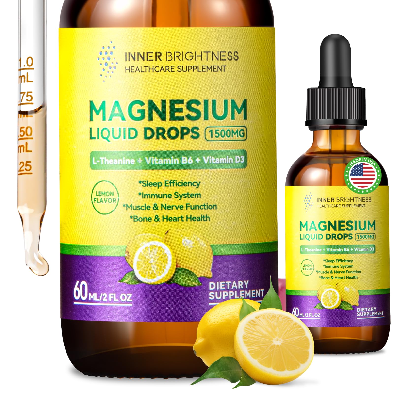Magnesium Glycinate Liquid Drops 1500mg with Magnesium Citrate & Taurate, L-Theanine, Vitamin D3, B6 - Supports Calm, Sleep, Muscle Relaxation, Leg Cramps & Energy, Lemon Flavor, 60 mL Inner BrightnessAu supplements