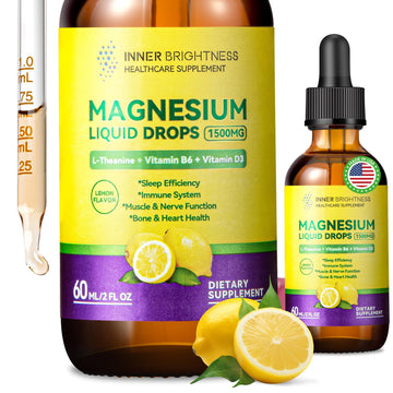Magnesium Glycinate Liquid Drops 1500mg with Magnesium Citrate & Taurate, L-Theanine, Vitamin D3, B6 - Supports Calm, Sleep, Muscle Relaxation, Leg Cramps & Energy, Lemon Flavor, 60 mL Inner BrightnessAu supplements