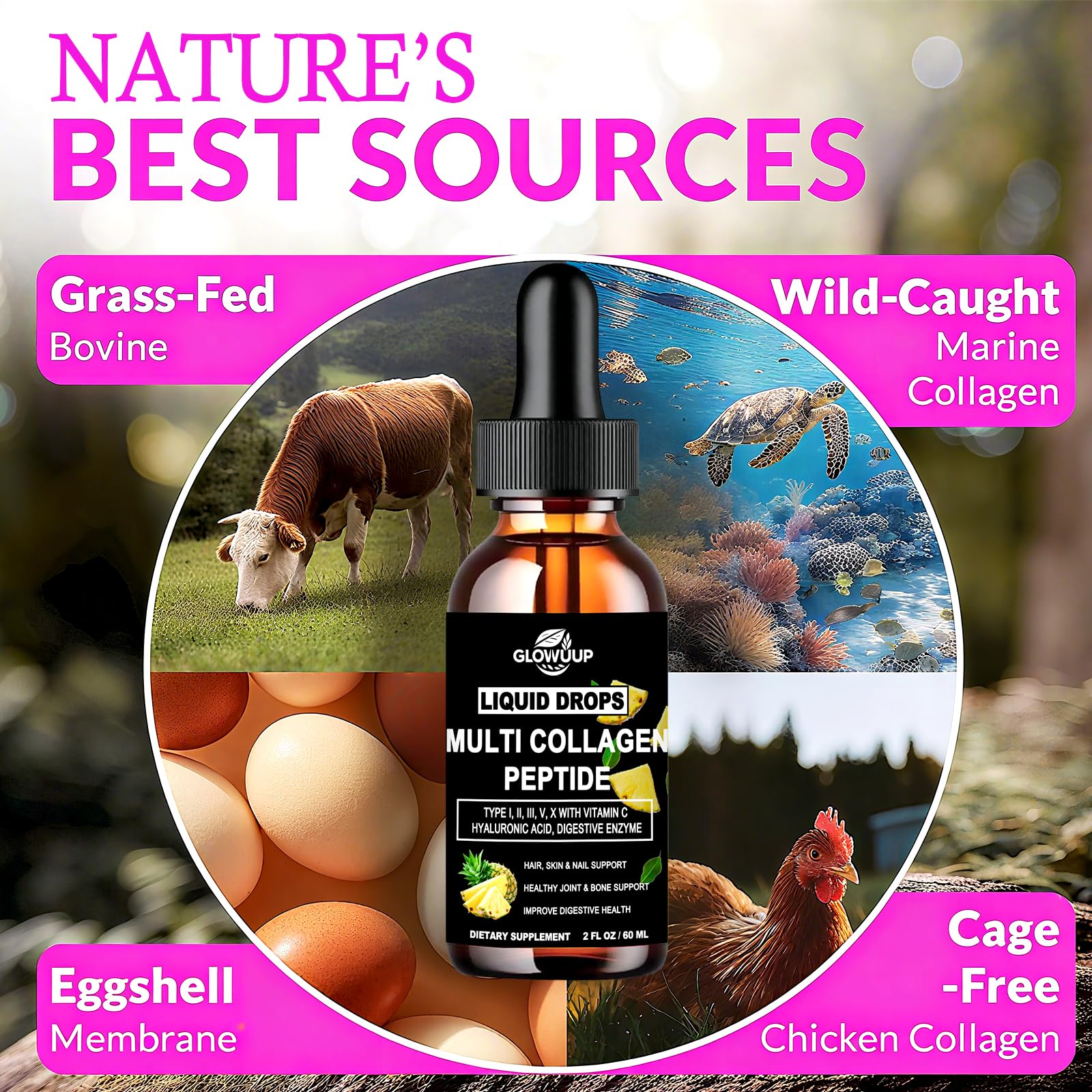 Multi Collagen Peptides Liquid Drops for Women & Men-Type I, II, III, V, X丨Hydrolyzed Collagen Peptides, Collagen Proteins W. Hyaluronic Acid, Biotin & Vitamin C for Hair Skin & Joint Gut Health GLOVVUUPAu supplements