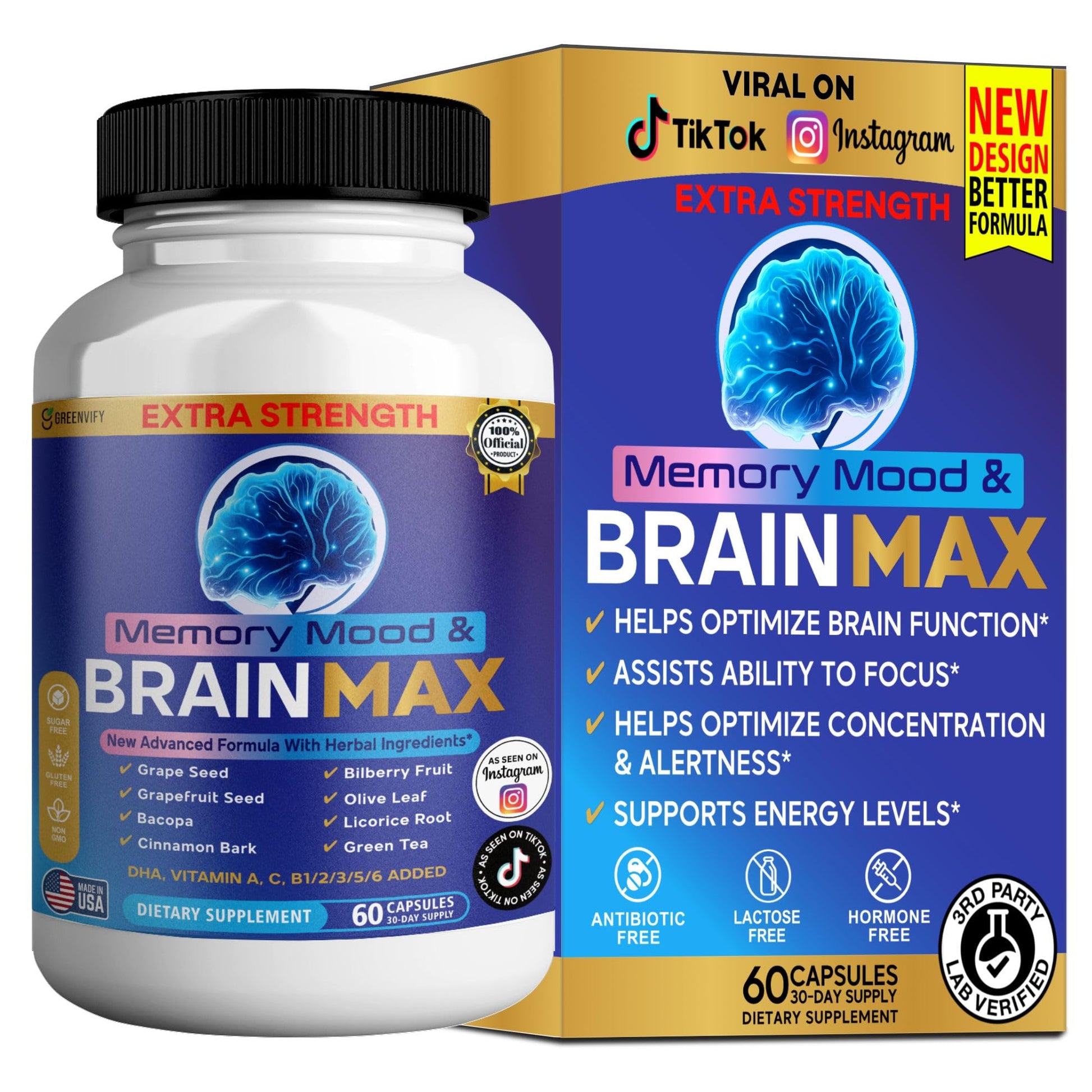 Memory, Mood & Brain Max Extra Strength Supplement with Herbal Ingredients, 60 Capsules, DHA, Vitamins, Bacopa, Green Tea (1) GREENVIFYAu supplements