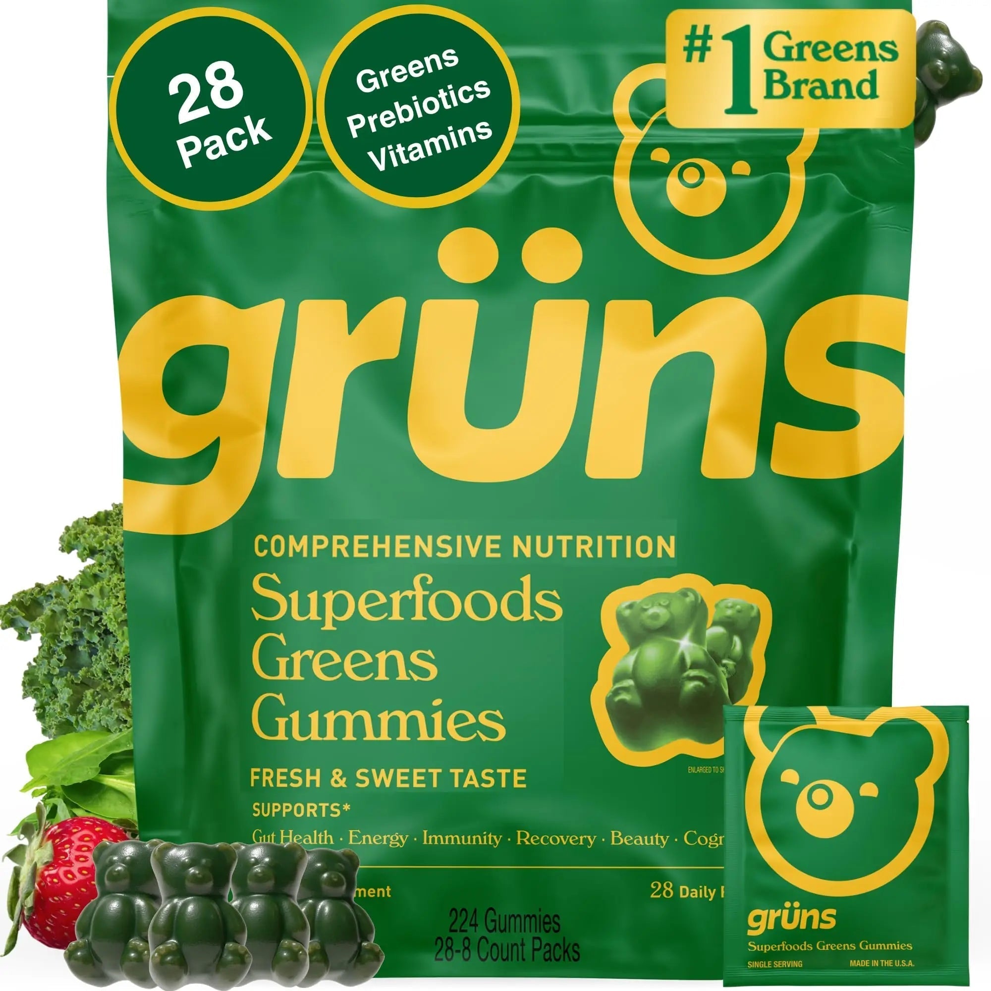 Gruns Adults Super Greens Multivitamin Gummies, Superfood Vitamin Gummy Bears with Spirulina, Chlorella, Prebiotic Fiber for Digestive Health GrünsAu supplements
