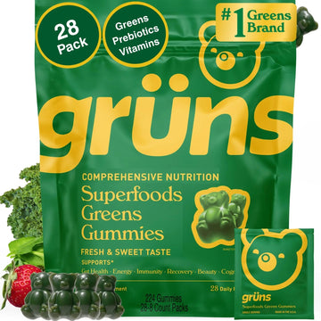 Gruns Adults Super Greens Multivitamin Gummies, Superfood Vitamin Gummy Bears with Spirulina, Chlorella, Prebiotic Fiber for Digestive Health GrünsAu supplements