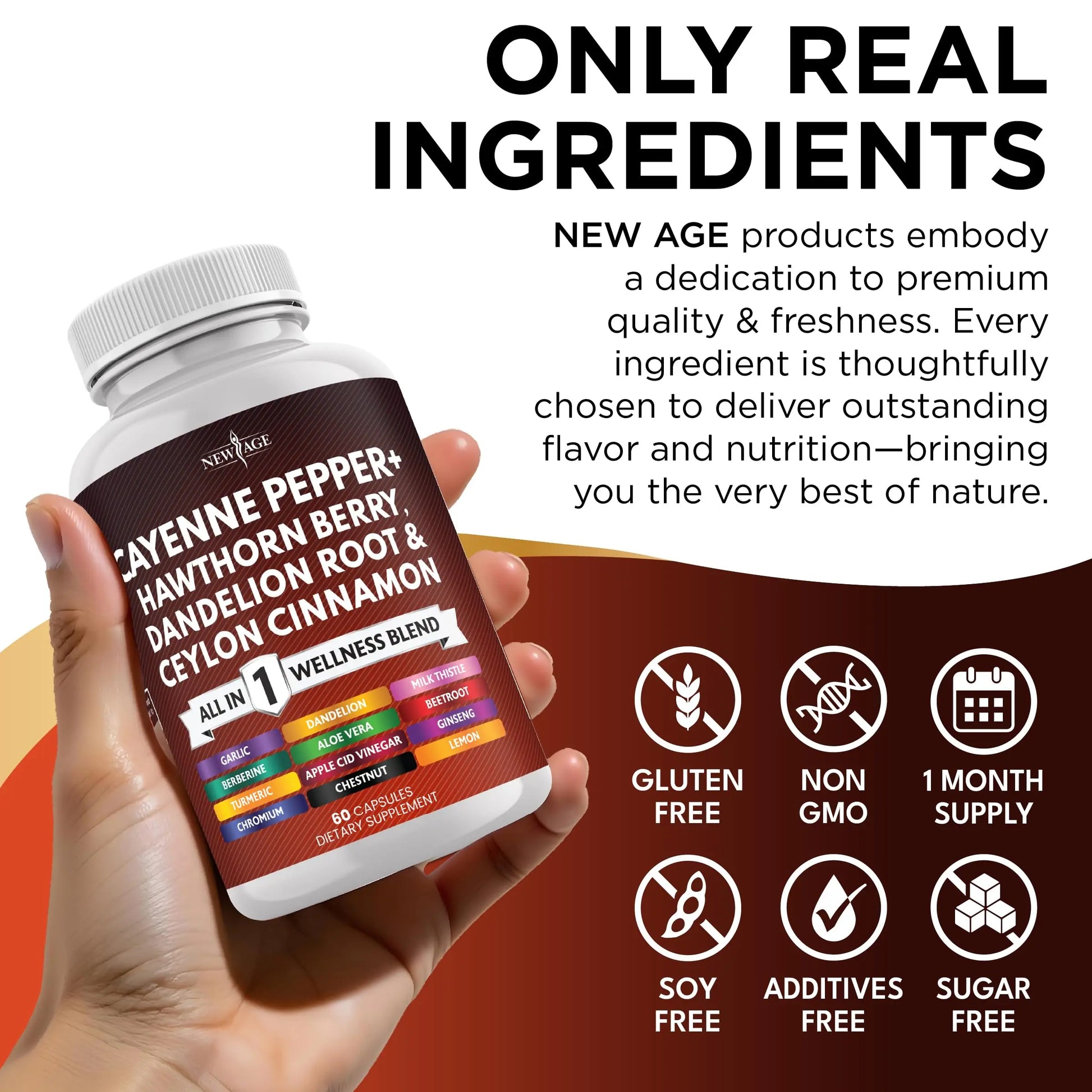 NEW AGE Cayenne Pepper Capsules Supplement with Hawthorn Berry, Dandelion Root, Ceylon Cinnamon, Garlic, Ginger, ACV, Milk Thistle, Beet Root, Aloe Vera - 120 Count NEW AGEnz supplements