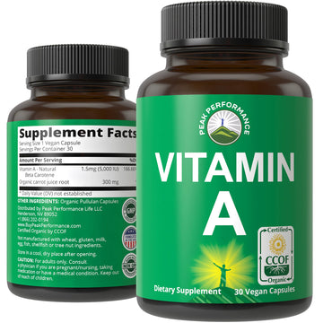 Certified Organic Vitamin A 5000 IU Supplement Capsules High Potency Vitamins. for Adults, Men, Women, Kids. Made with Carrot Juice. Great for Immune, Skin, Eye Support. Non GMO, Vegan Pills Peak PerformanceAu supplements
