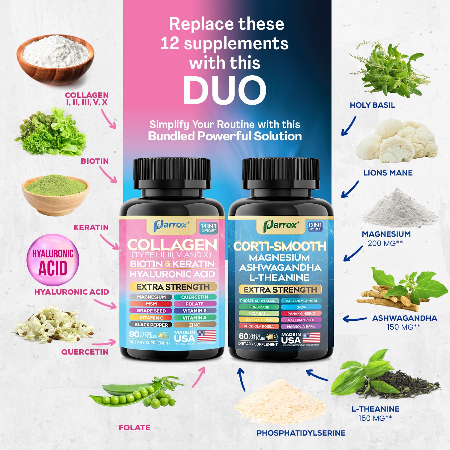 Parrox Shining Serenity Set, Cortisol Support with Ashwagandha, L-Theanine, Magnesium, Lions Mane, GABA, Bacopa Monnieri, Collagen I, II, III, V, X, Folate, Biotin, Keratin, Hyaluronic Acid, Quercetin ParroxAu supplements