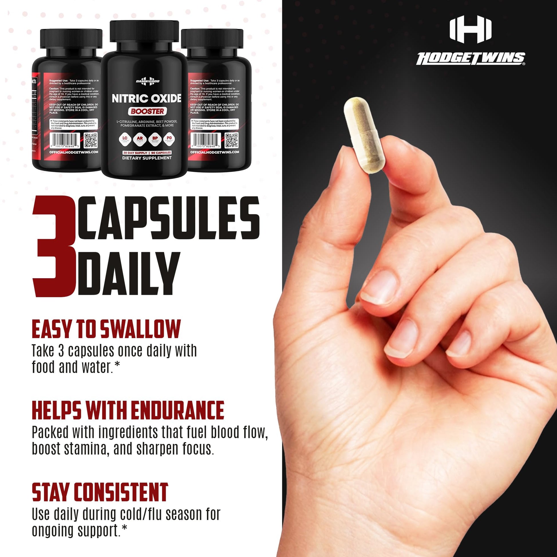 DAMN GOOD The Hodge Twins Nitric Oxide Booster – Beet Root Nitric Oxide & Arginine Citrulline Supplement, Pomegranate Blend for Workout Drive, Endurance Support & Pump Power - 90 Capsules DAMN GOODAu supplements