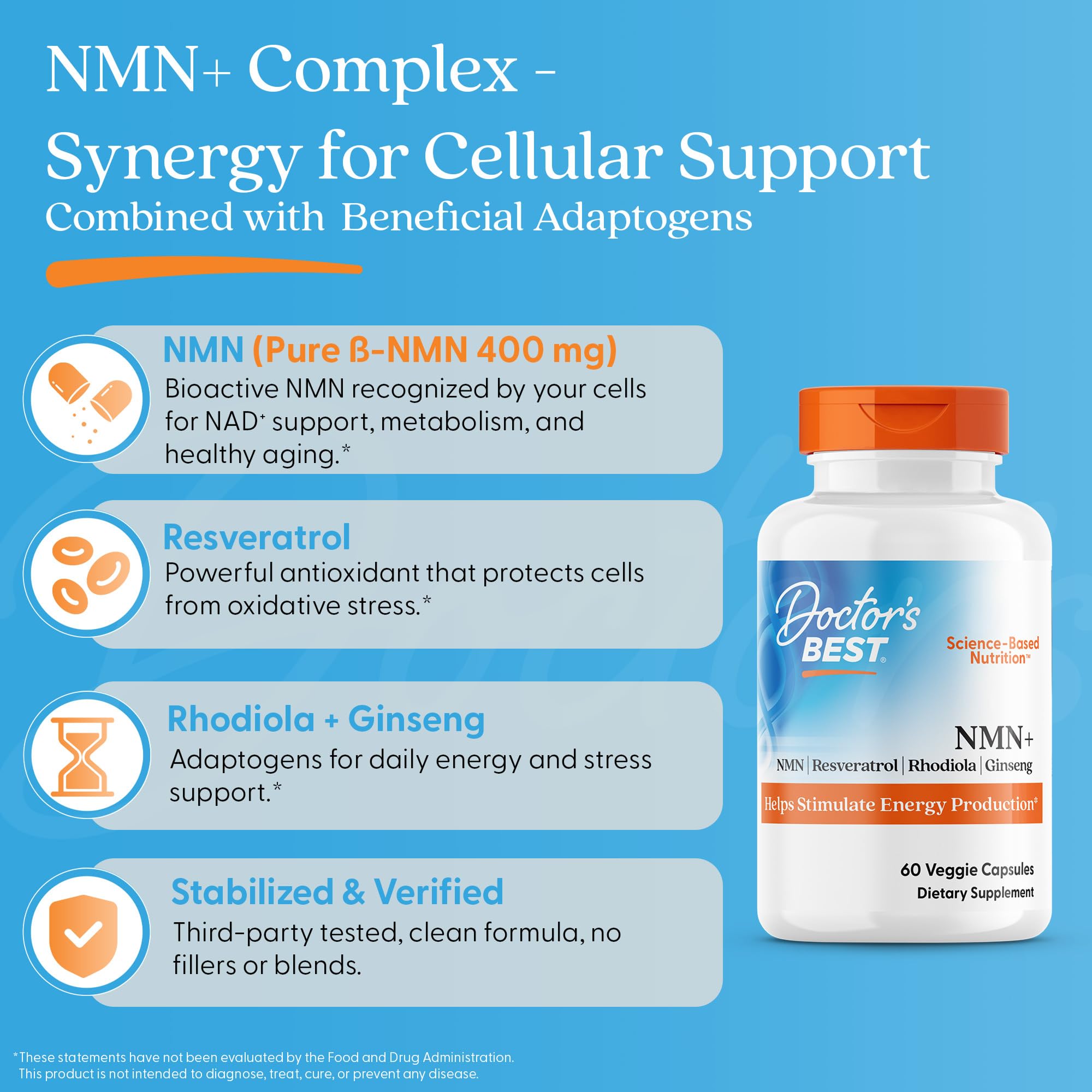 Doctor's Best NMN+ Complex Supplement Capsules for Women & Men - Supports NAD+ Production, Resveratrol 100mg & Beta Nicotinamide Mononucleotide 200mg per Capsule, Cellular Energy Support - 60 Veg Caps Doctor's BESTAu supplements
