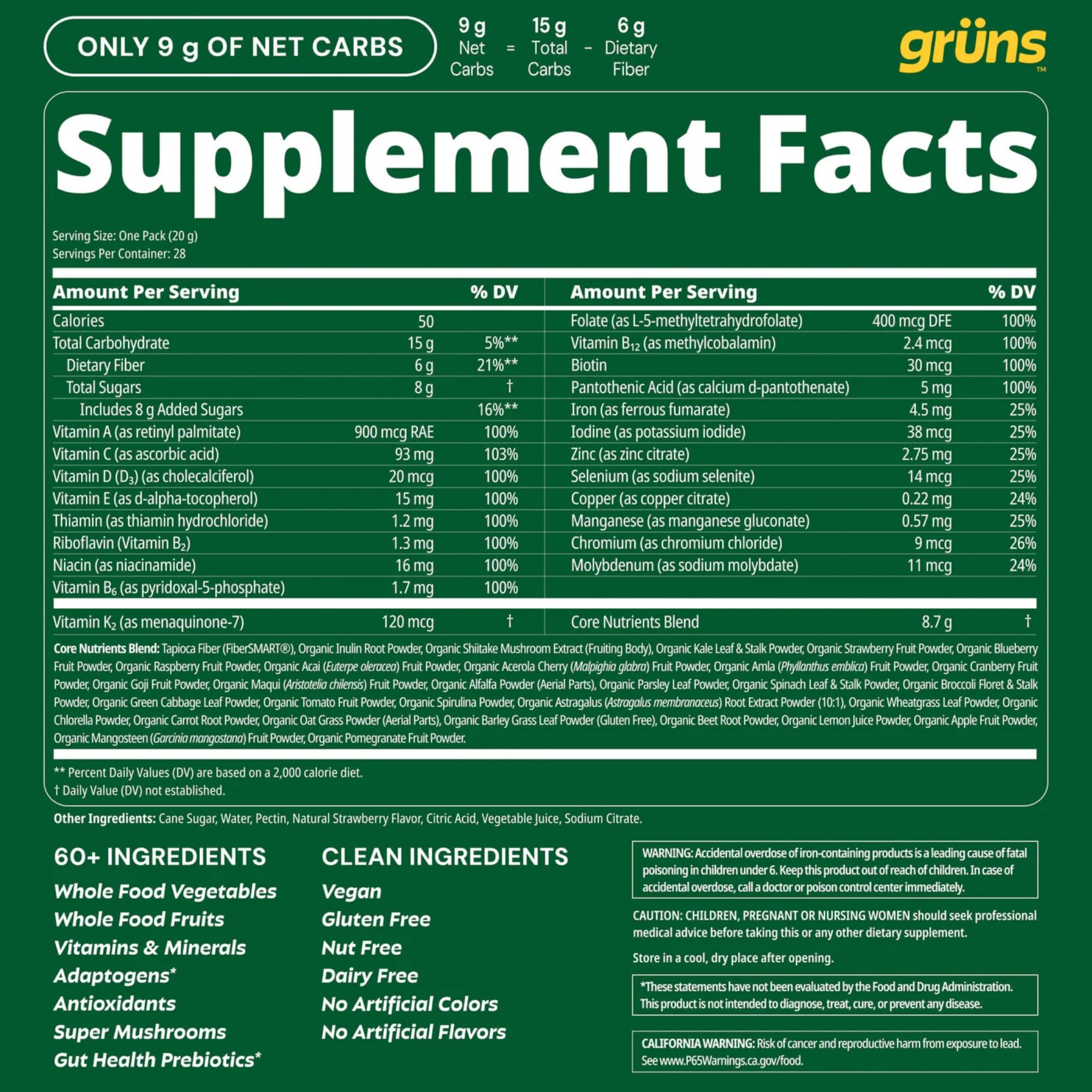 Gruns Adult Super Greens Multivitamin Gummies, Superfood Gummy Vitamins for Women and Men with Spirulina, Chlorella, Adaptogens & Prebiotic Fiber for Digestive Health (28 Count) GrünsAu supplements