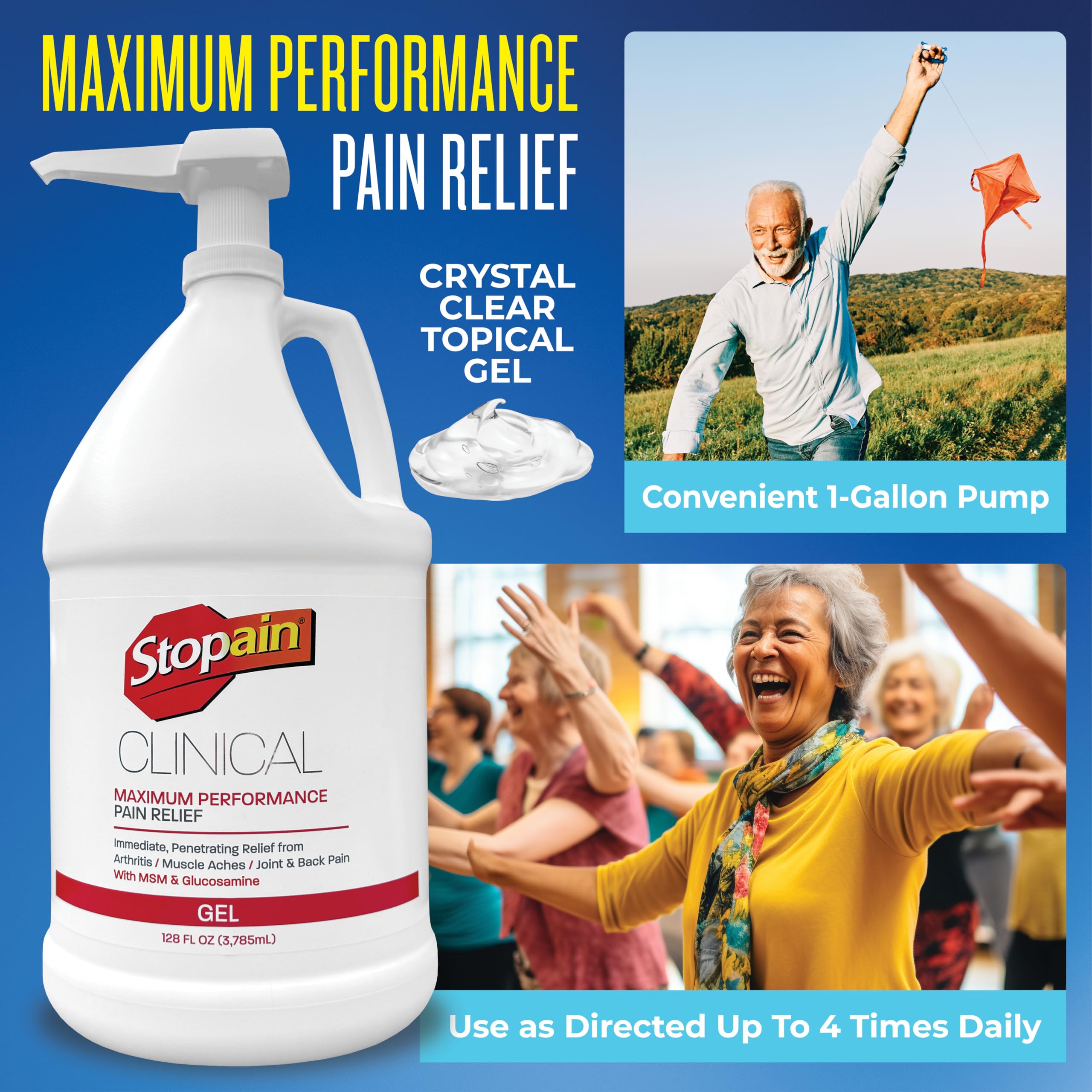 Stopain Clinical Pain Relief Gel 1 Gallon - Professional Formula for Arthritis, Knee, Back & Muscle Pain - Maximum Strength Gel for Joint & Nerve Pains with 10% Menthol Plus Glucosamine - Made in USA StopainAu supplements