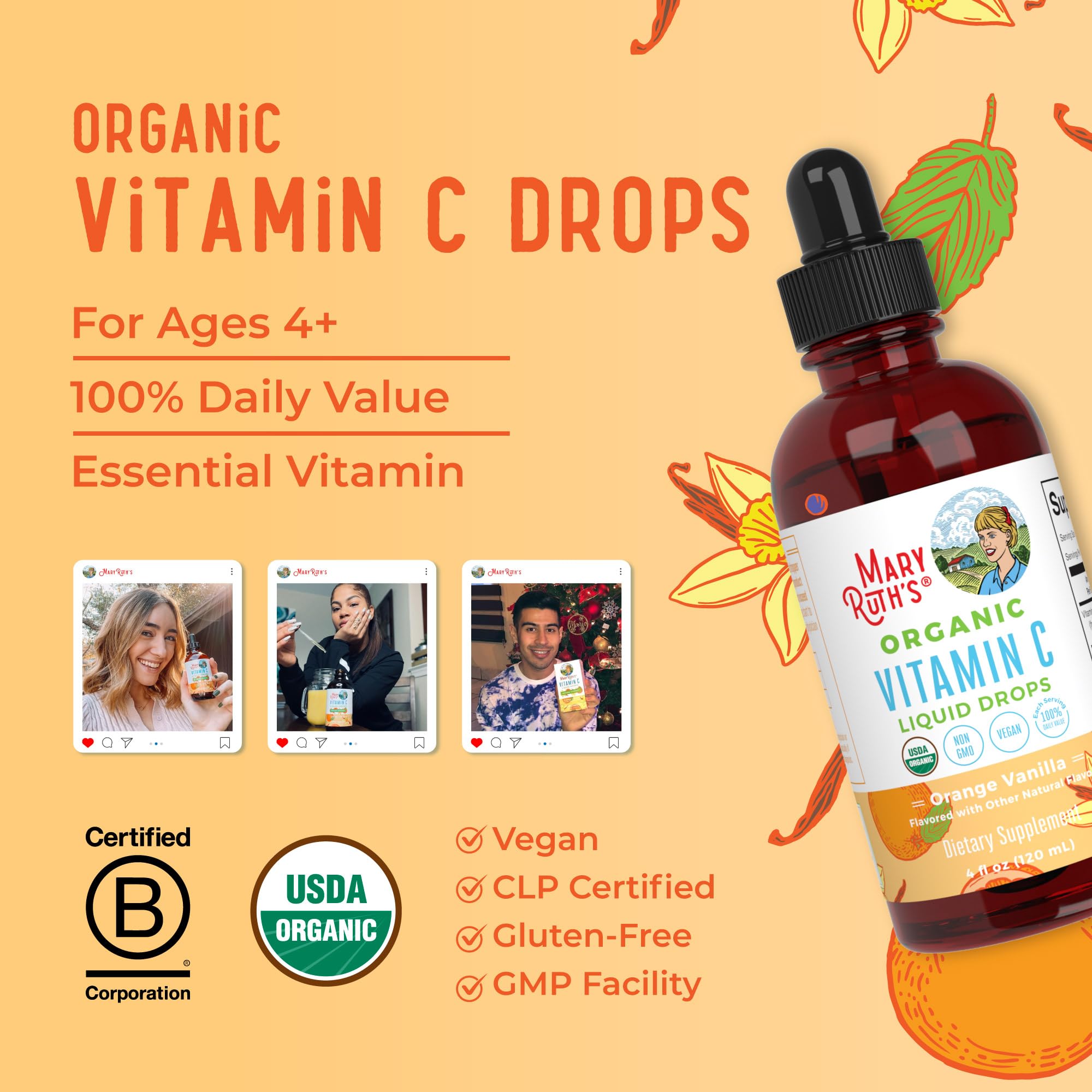 MaryRuth Organics Organic Vitamin C Supplement | Liquid Vitamin C Liquid Drops for Adults & Kids | Immune Support Supplement for Overall Health | Vegan | Non-GMO | Gluten Free | 4 Fl Oz MARYRUTH'SUS supplements