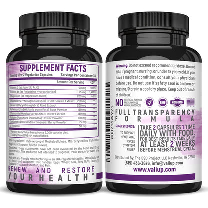 VALI Renew PMS Relief Supplement. Women’s Menstrual Cycle Support. Herbal Formula VALIUS supplements