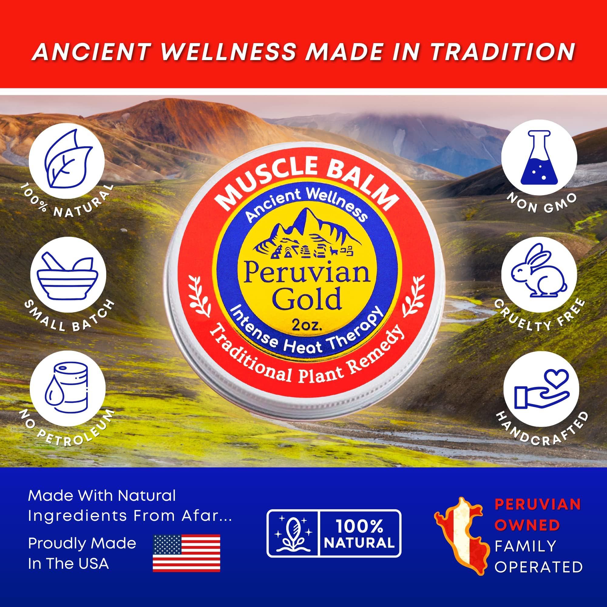 Sore Muscle Balm - Peruvian Gold Intense Heat Therapy Muscle Rub. 500K Scoville Heat Units Melts Away Sore, Painful Muscles. 2oz Peruvian GoldAu supplements
