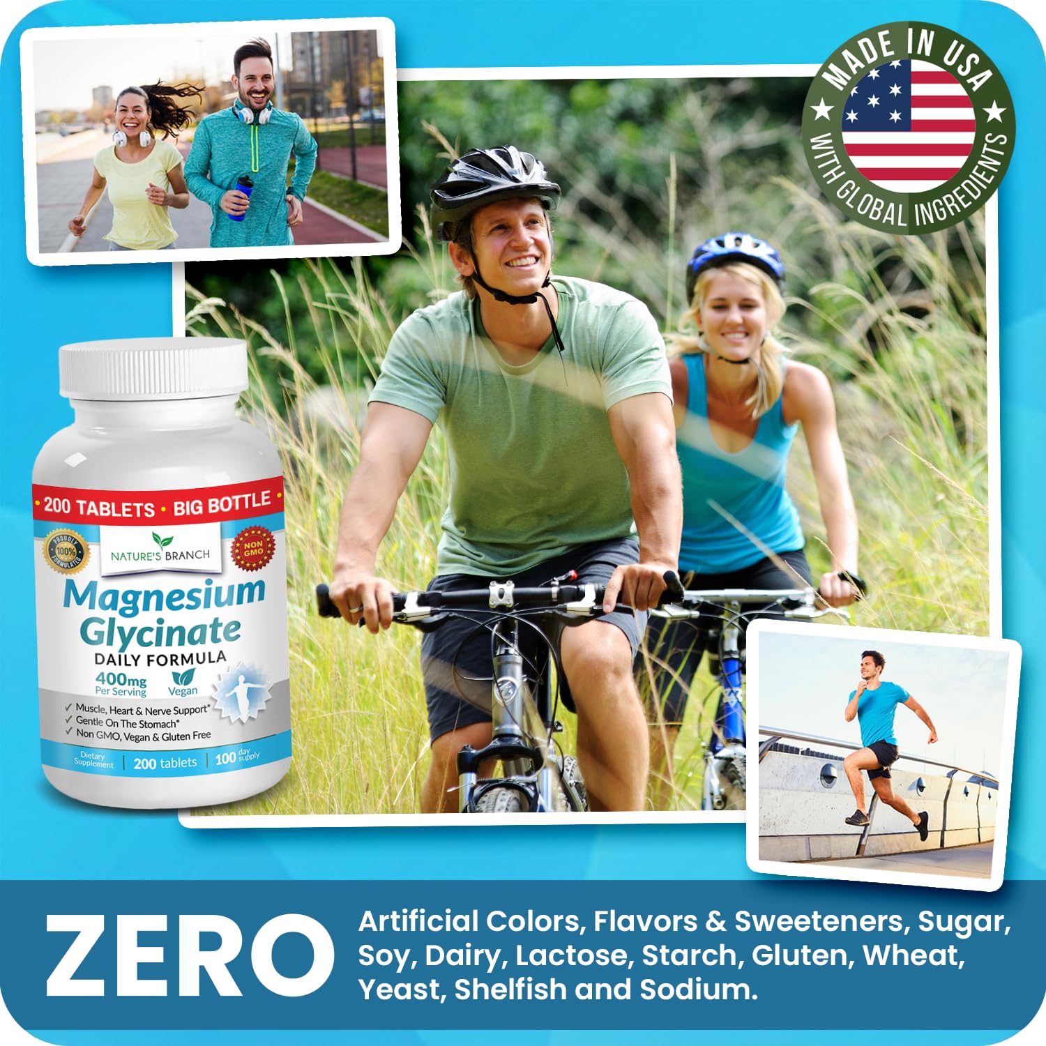 Magnesium Glycinate 400mg | 200 Tablets | High Absorption Mag Supplements for Sleep, Leg Cramps, Heart, Muscle, Calm | Non Buffered Bisglycinate, Extra Strength for Women and Men, Tablets Not Capsules NATURE'S BRANCHAu supplements