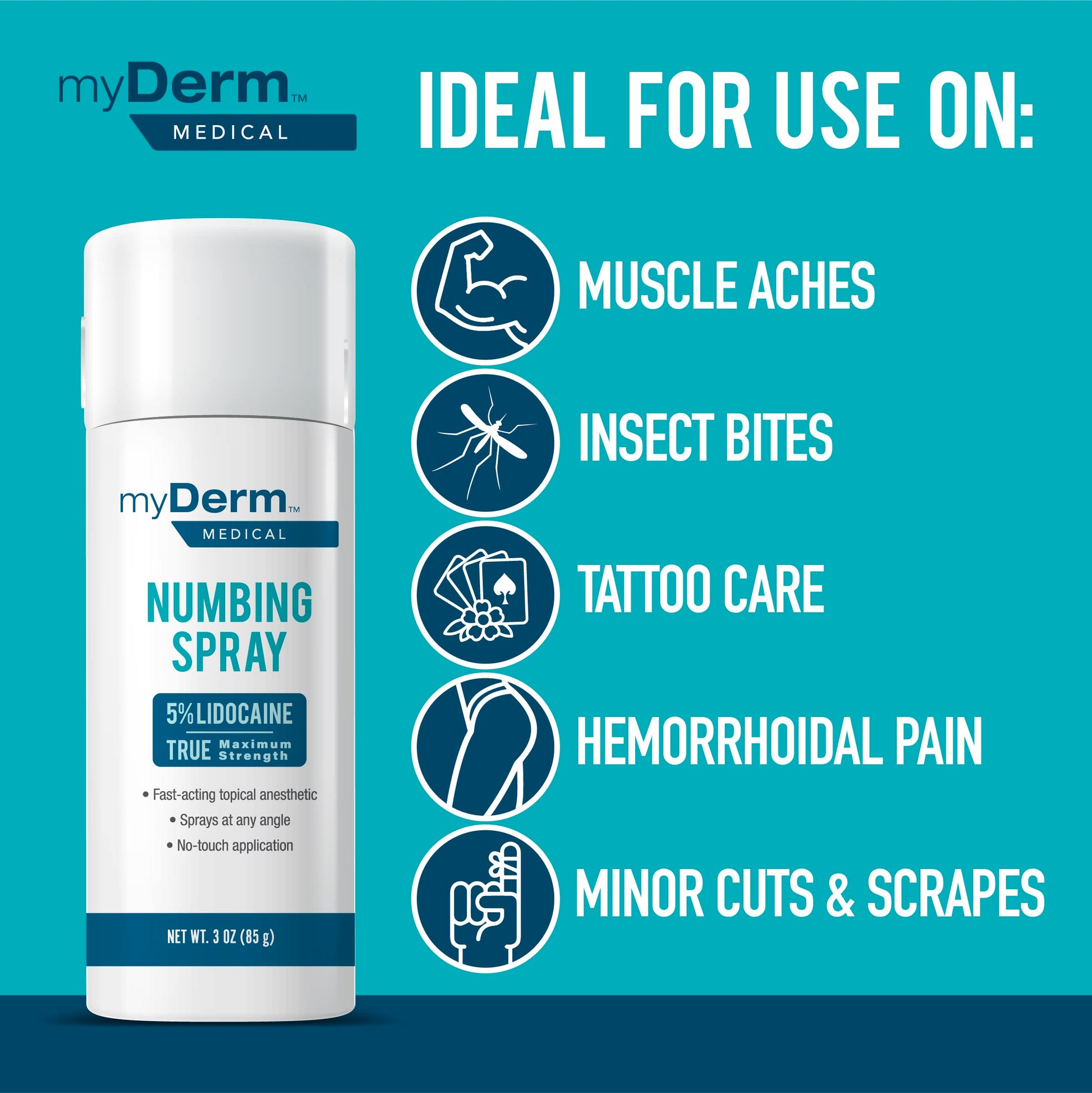 Myderm Medical Numbing Spray - 4.5oz - Maximum Strength 5% Lidocaine with Phenylephrine HCl and Witch Hazel - Fast-Acting Reliever with A Touch-Free Application - First Aid Supplies - Made in USA MydermAu supplements