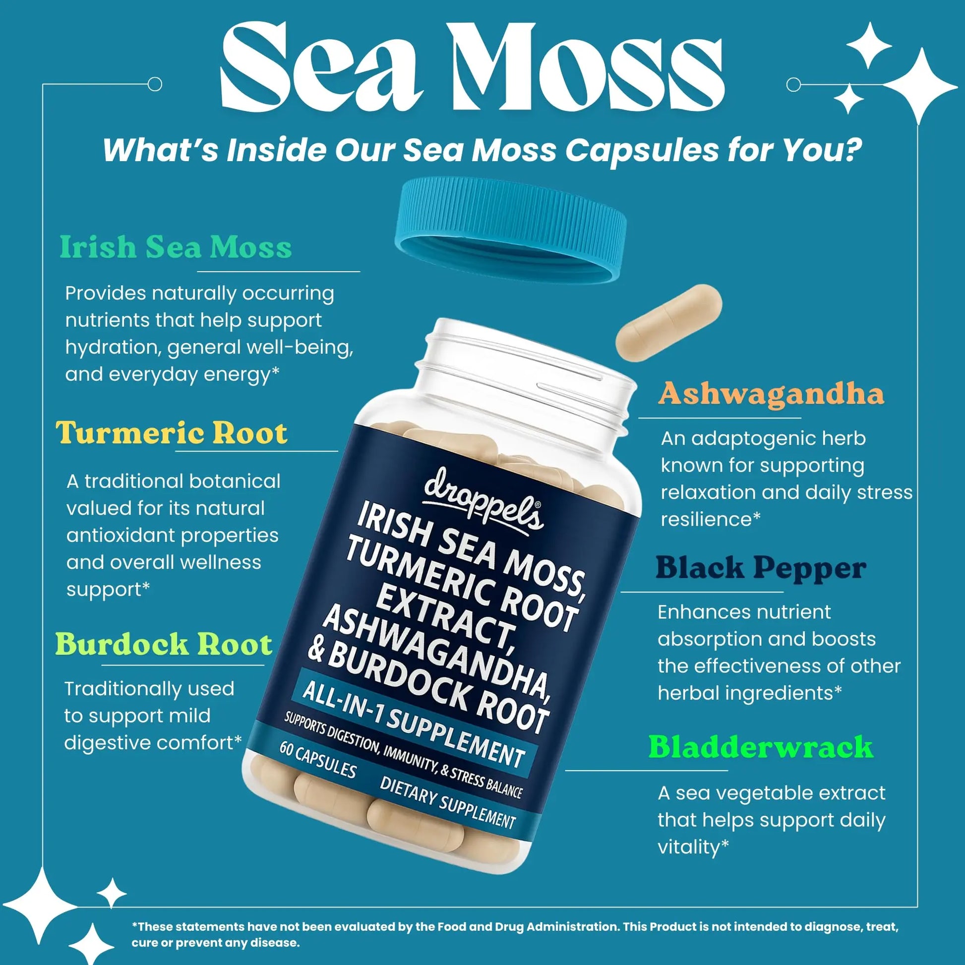 Droppels Irish Sea Moss Capsules with Turmeric Root, Ashwagandha, Black Pepper & Burdock Root – Natural Mineral Blend for Immune, Digestion, Joint & Energy Support – Vegan, Non-GMO – 60 Capsules DroppelsAu supplements
