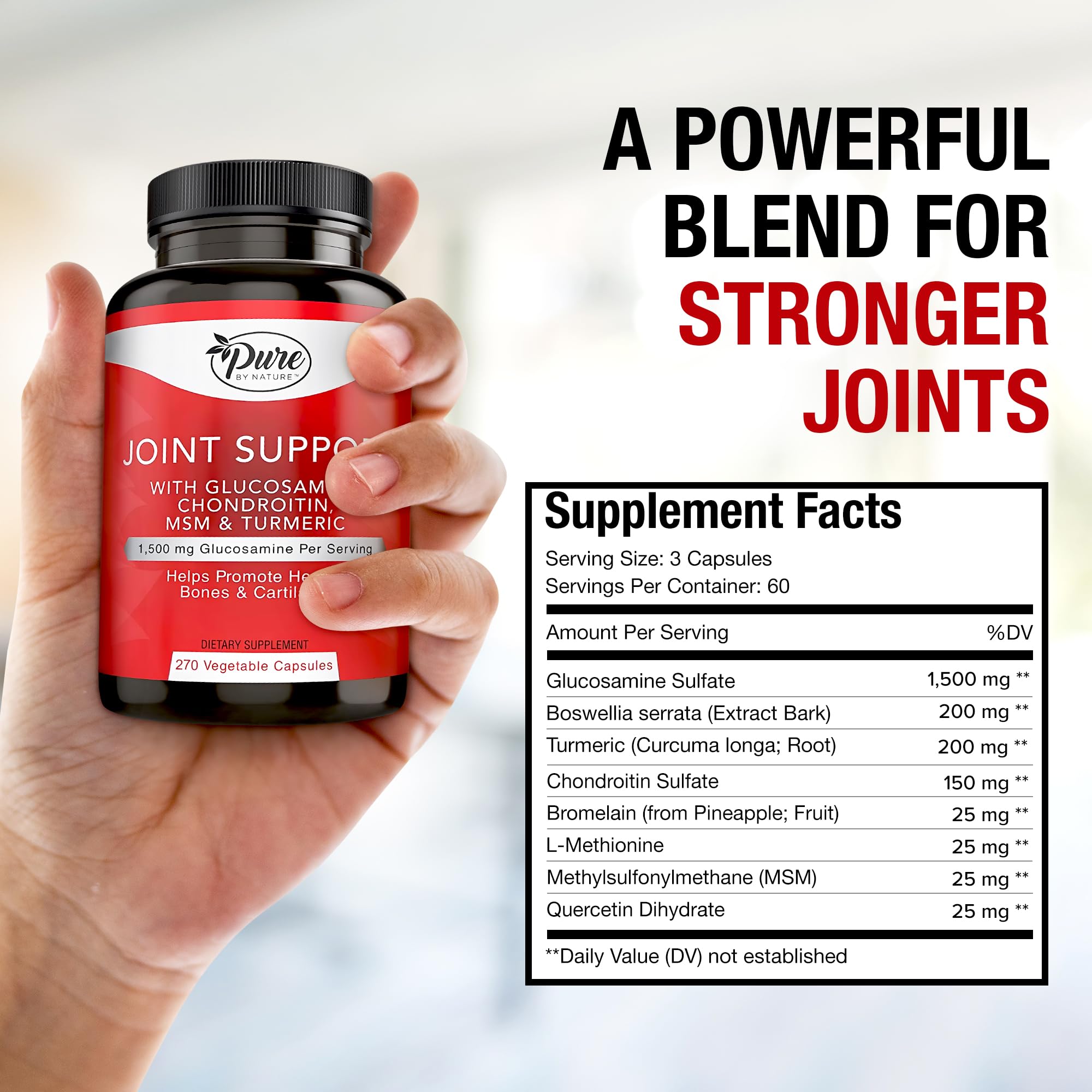 Pure By Nature Joint Support, Glucosamine with Chondroitin Turmeric MSM Boswellia Supplement, 270 Capsules Pure By NatureAu supplements