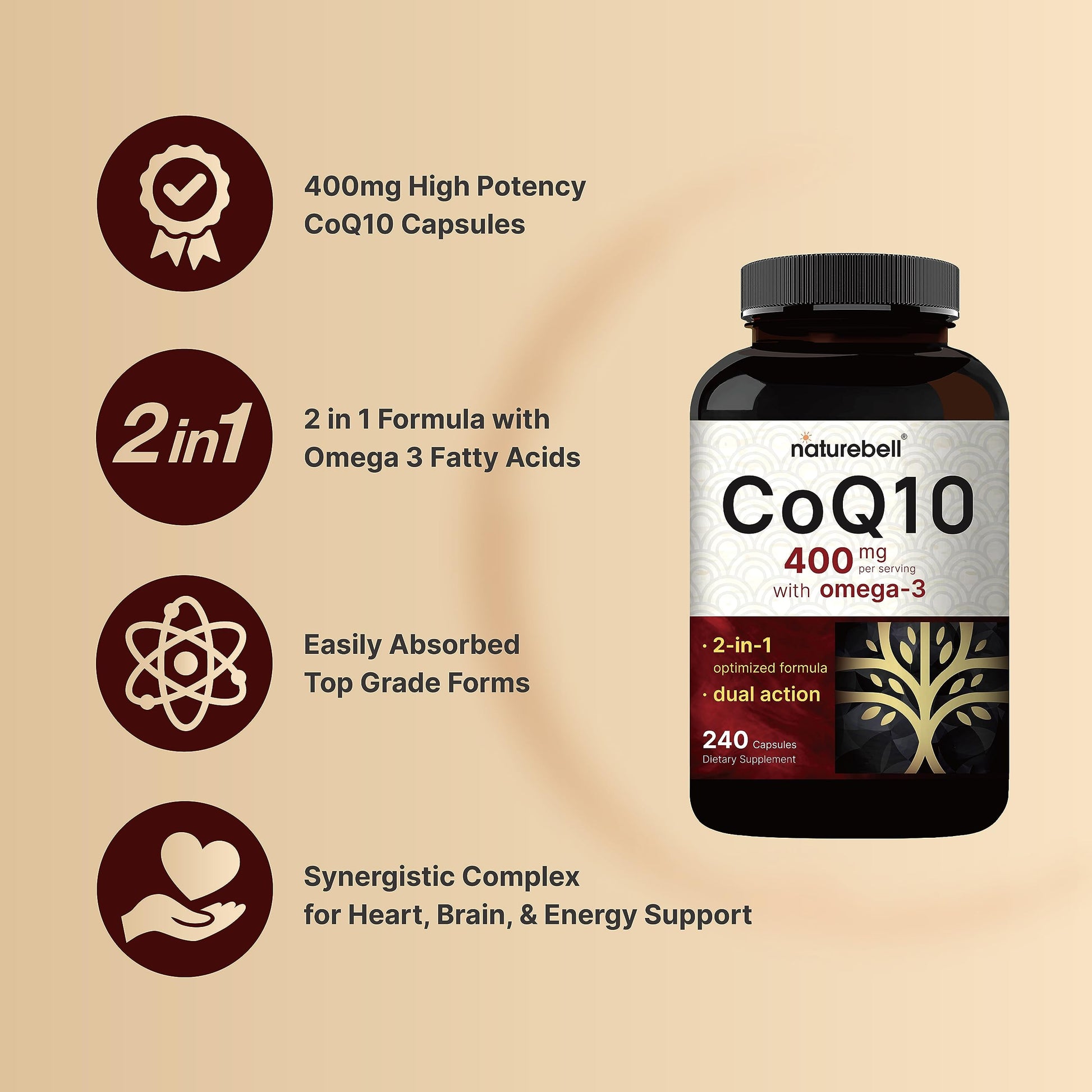 CoQ10 (Ubiquinone) 400mg with Omega 3 Fatty Acids, 240 Capsules | Stable High NatureBellAu supplements