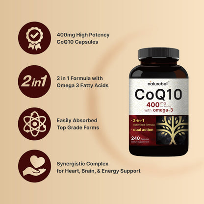CoQ10 (Ubiquinone) 400mg with Omega 3 Fatty Acids, 240 Capsules | Stable High NatureBellUS supplements