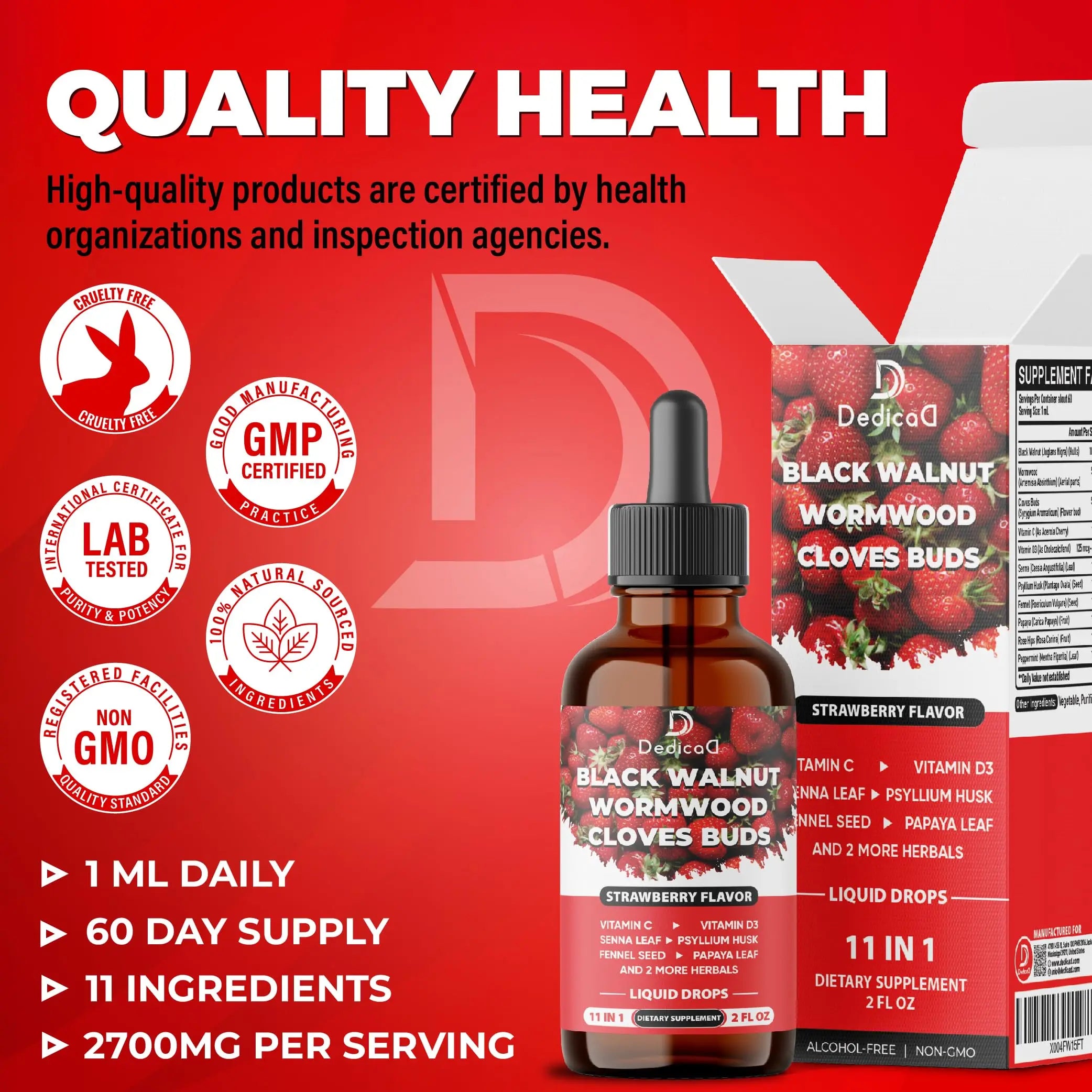DEDICAD 11in1 Black Walnut Wormwood Cloves Liquid Drops with Cloves Buds, Senna Leaf, Psyllium Husk, Fennel Seed, Papaya Leaf and More - 2 oz Fl - 60 Days - Strawberry Flavor DEDICADnz supplements