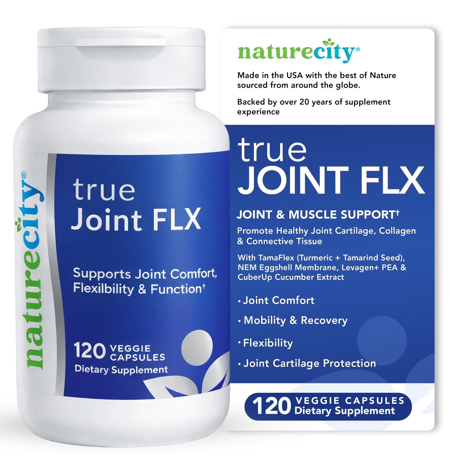 NatureCity True-Joint FLX Joint Supplement Formula (120 Capsules) | TamaFlex, NEM Eggshell Membrane, Levagen+ PEA & CuberUp | Supports Joint Comfort, Flexibility, Mobility, Function & Cartilage Health NatureCityAu supplements