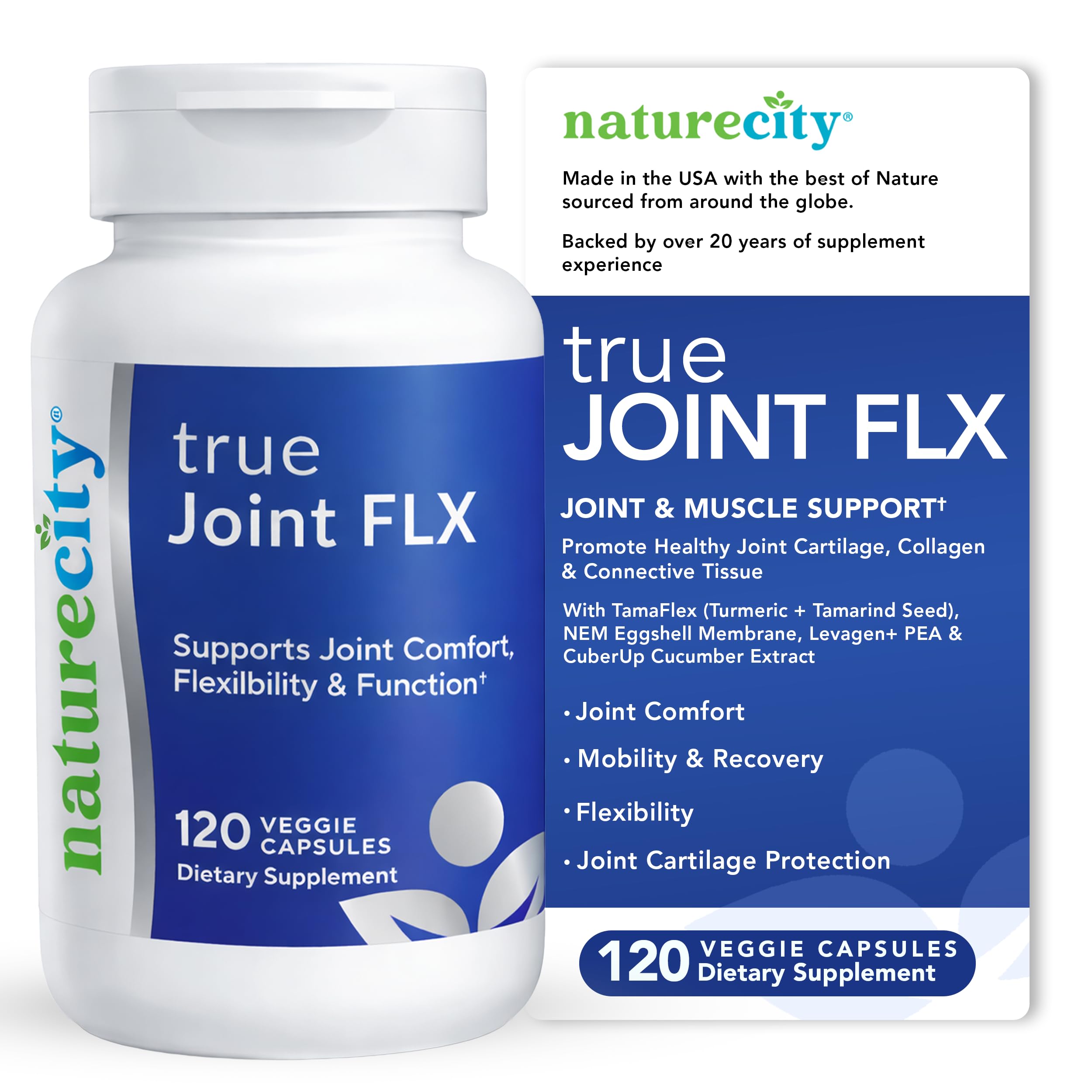 NatureCity True-Joint FLX Joint Supplement Formula (120 Capsules) | TamaFlex, NEM Eggshell Membrane, Levagen+ PEA & CuberUp | Supports Joint Comfort, Flexibility, Mobility, Function & Cartilage Health NatureCityAu supplements