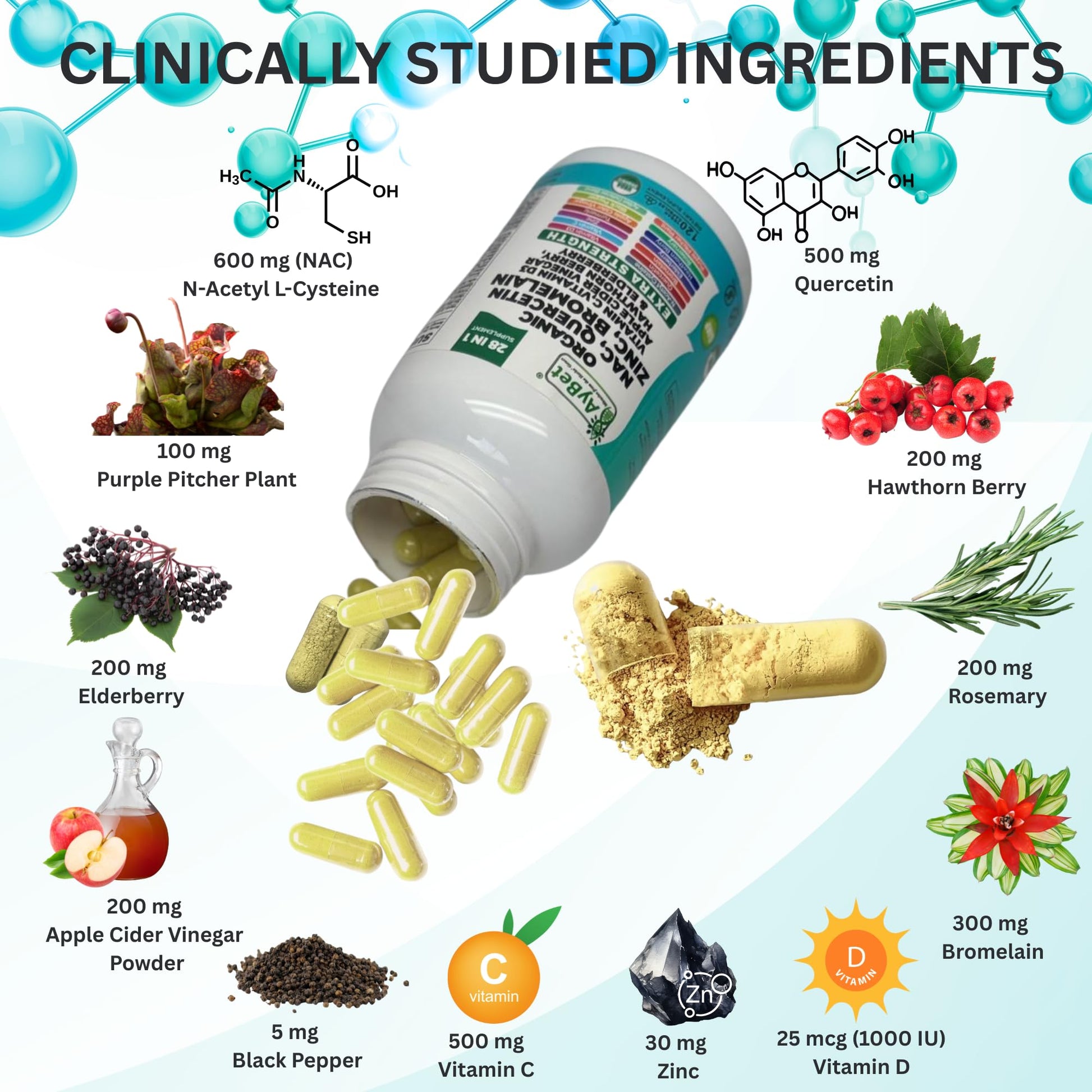 NAC-n-acetyl cysteine- Quercetin Zinc Bromelain Supplement | Extra Strength with Vit C, D3, Apple Cider Vinegar, Elderberry, Hawthorn Berry, Turmeric | Immune Support|120 Vegan Capsules | USDA Organic AyBetAu supplements
