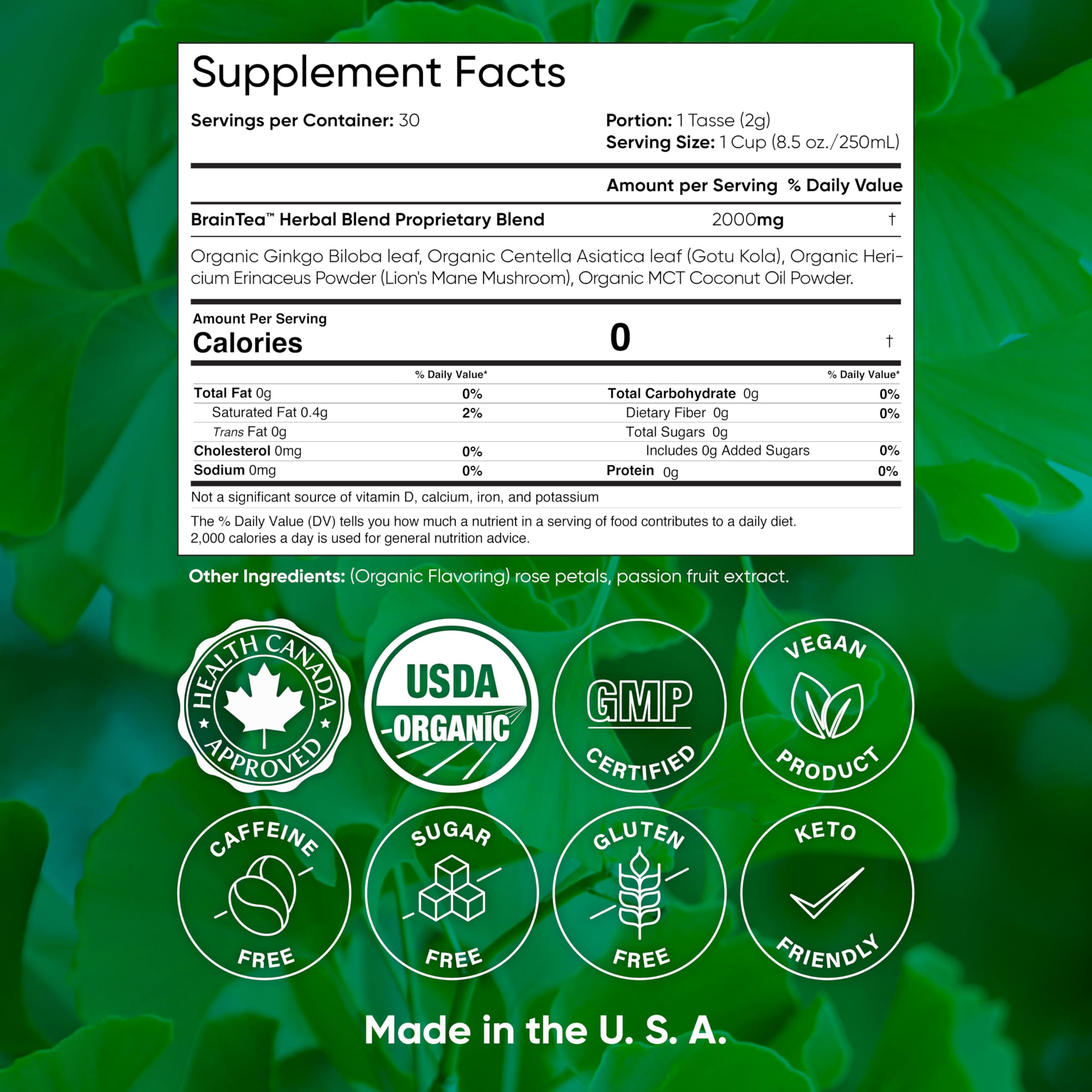 Brain Tea Focus & Memory - Brain Tea Organic Certified 4-in-1 Nootropic Herbal Supplement with Ginkgo Biloba, Gotu Kola, Lion’s Mane Mushroom, MCT Caffeine-Free for Mental Clarity (30 Sachets) Brain TeaAu supplements