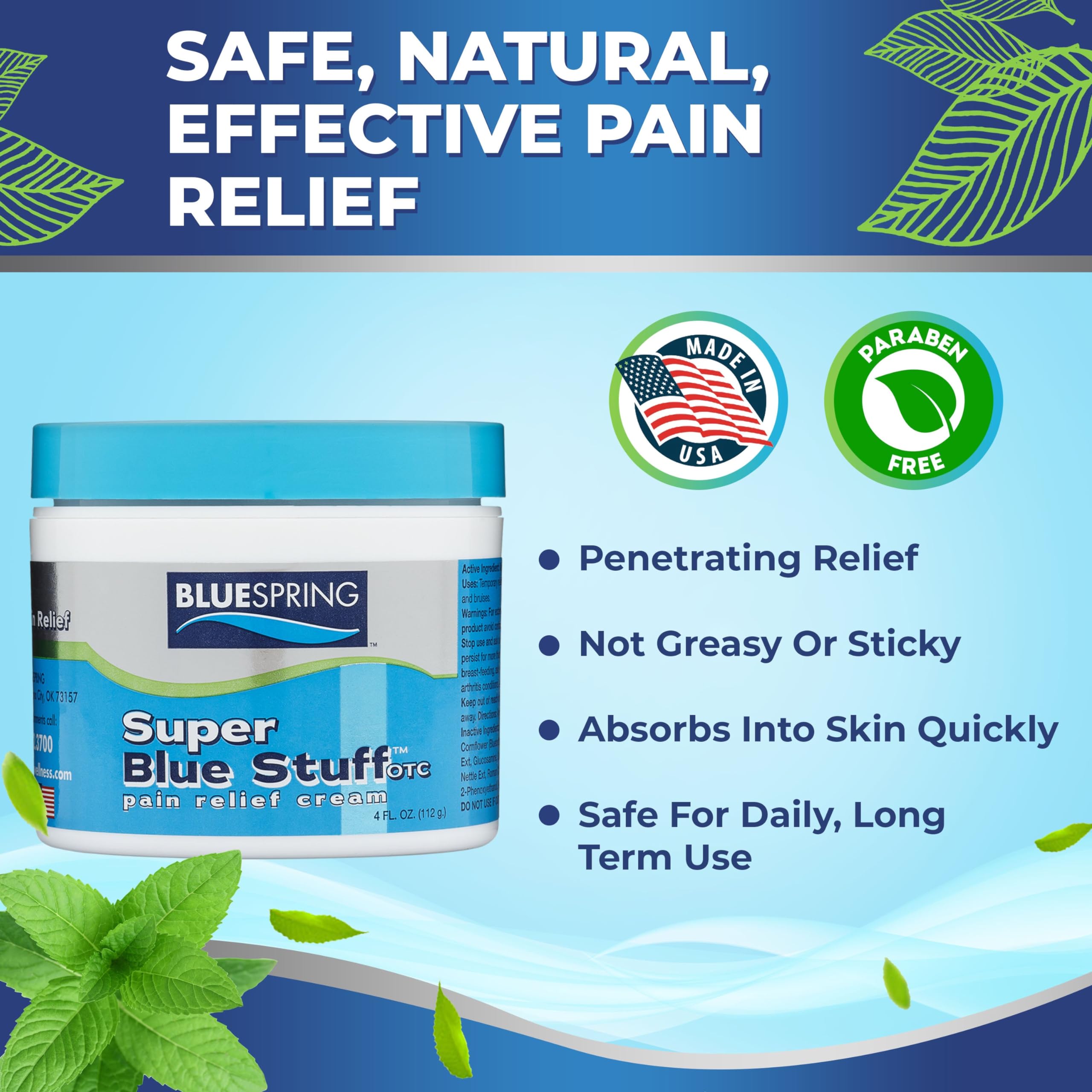 BLUESPRING Pain Relief Cream- Super Blue Stuff with Emu Oil, Arnica, Provides Maximum Arthritis Pain Relief- Anti Inflammatory Cream Goes Deep into the Skin- Great Muscle Rub and Relaxer Cream - 4 oz Emu TherapyAu supplements