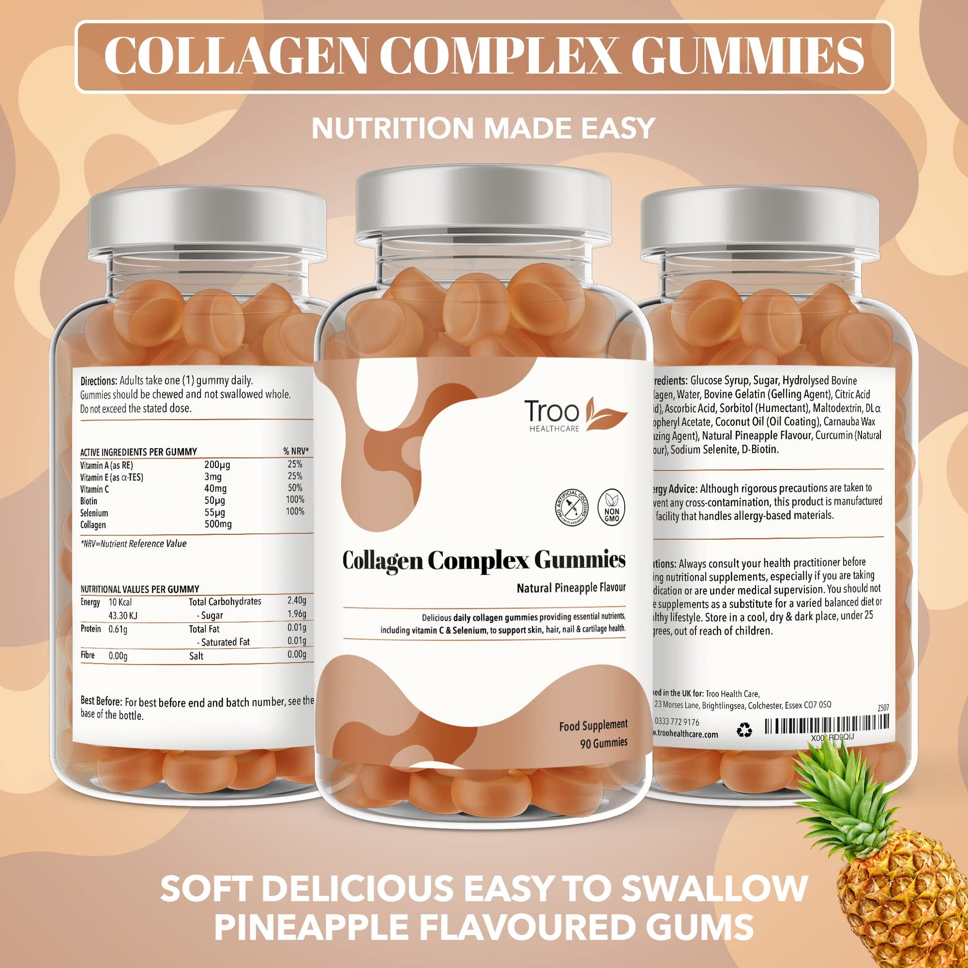 Hydrolysed Collagen Complex - 90 Natural Pineapple Flavour Chewable Gummies - One Per Day with Biotin, Vitamin C and Selenium Troo Health CareAu supplements