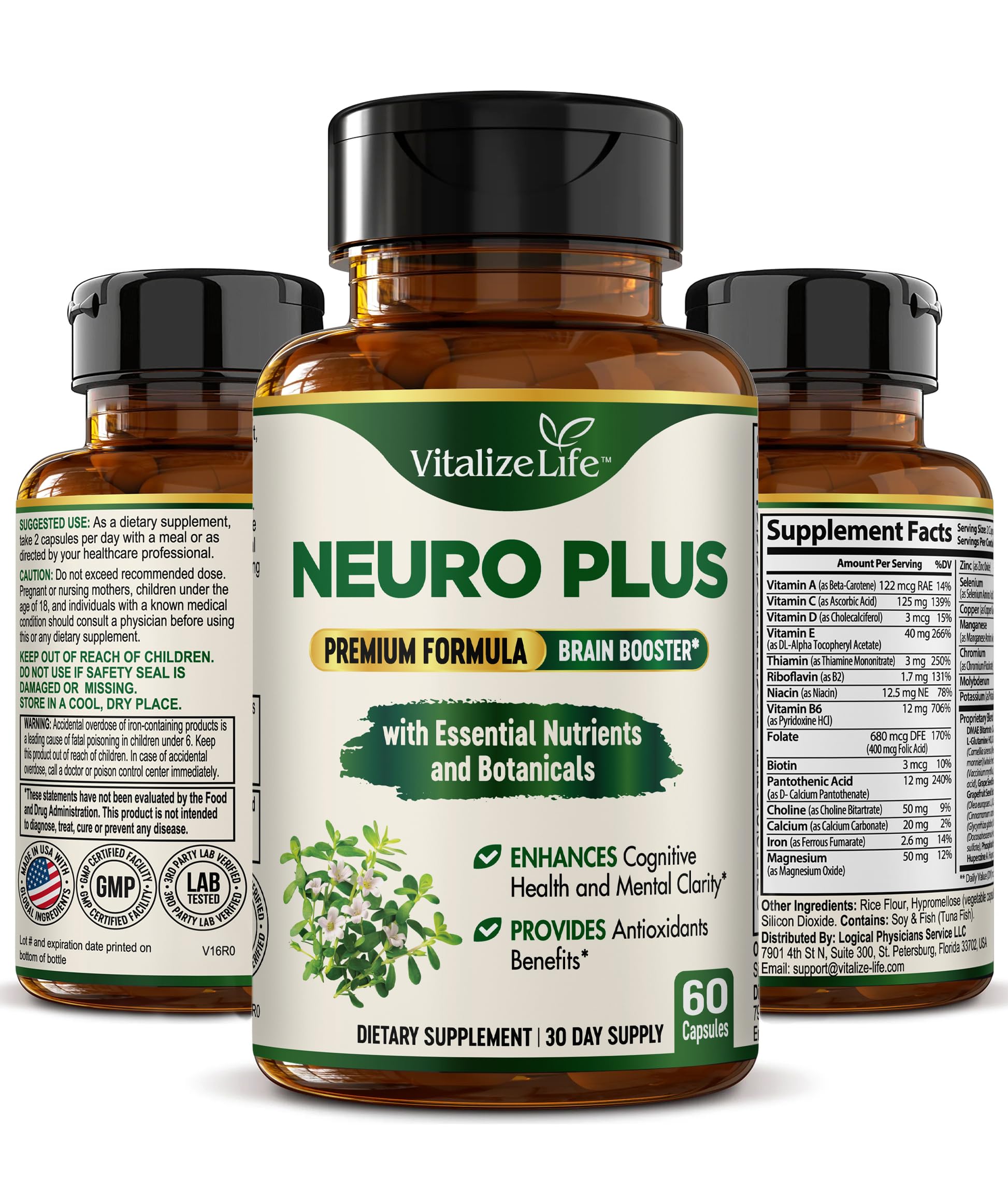 Neuro Plus Brain Supplement - Nootropic for Memory, Focus & Clarity - Neuro Brain and Focus Supplement with Bacopa Monnieri & DHA - Cognitive Support Formula - 60 Capsules Vitalize LifeAu supplements