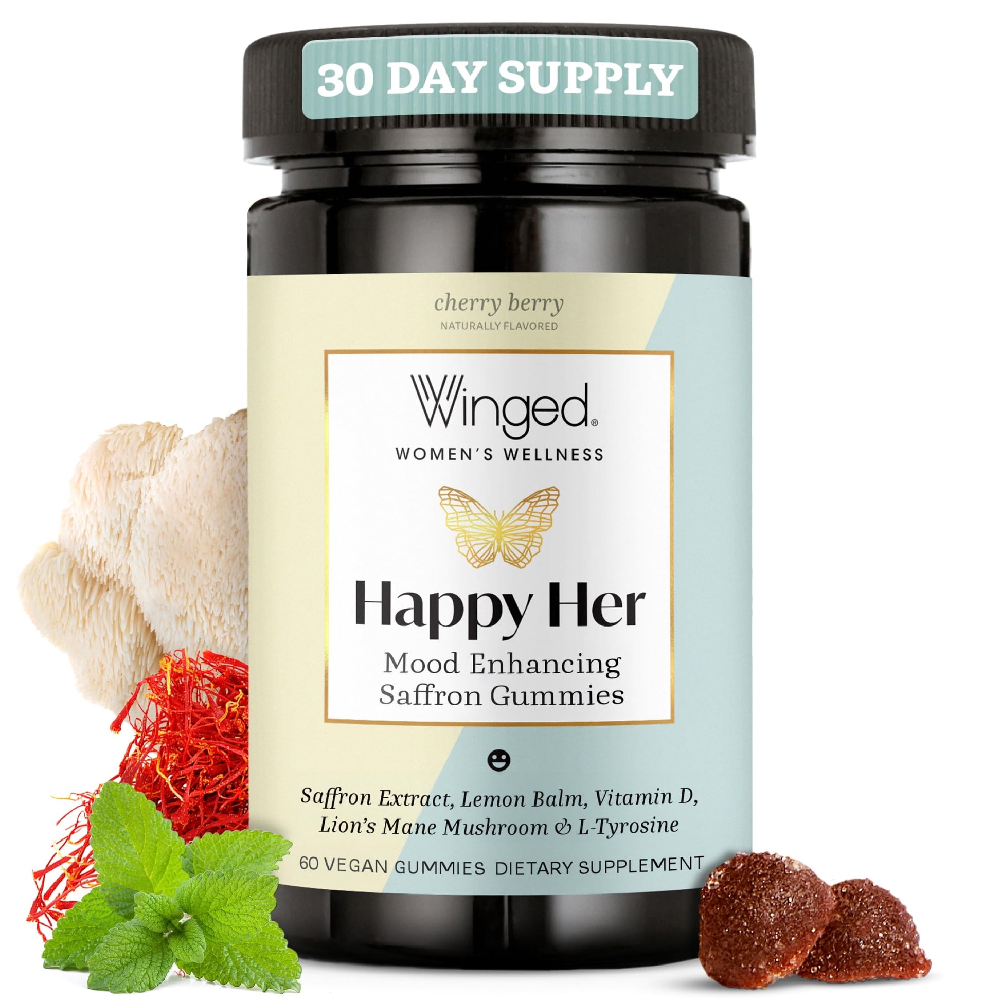Winged Wellness Happy Her Mood Gummies - Daily Mood Enhancer Support Supplement for Women - Vitamin D with Saffron, Lemon Balm, & Lions Mane Mushrooms for Balance & Calming Relief - 50 Vegan Gummies WingedAu supplements