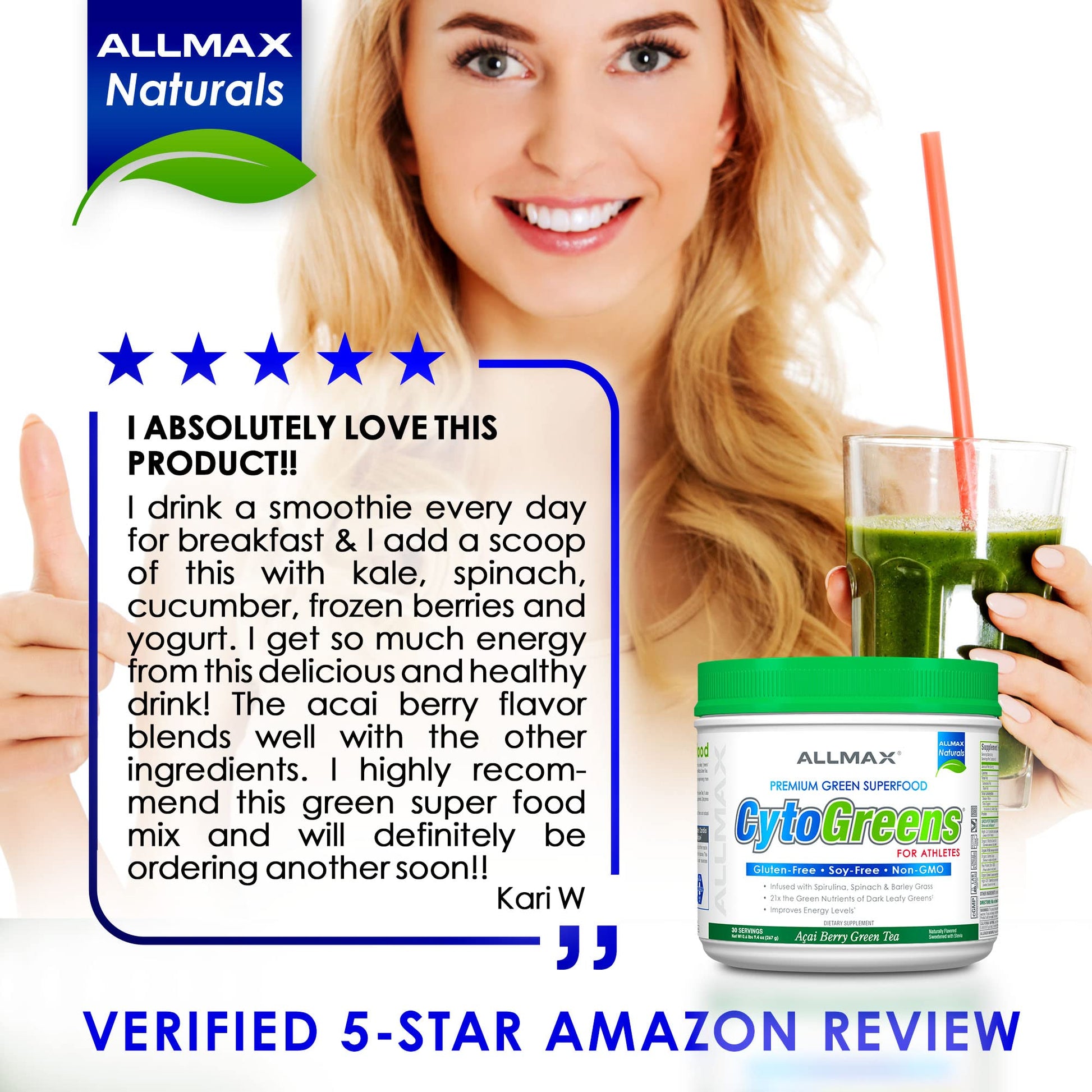 ALLMAX Naturals CytoGreens Super Greens Powder, Premium Green Superfood with Greens, Superfoods, Daily Greens Supplement, Acai Berry Green Tea, 60 Servings ALLMAXAu supplements
