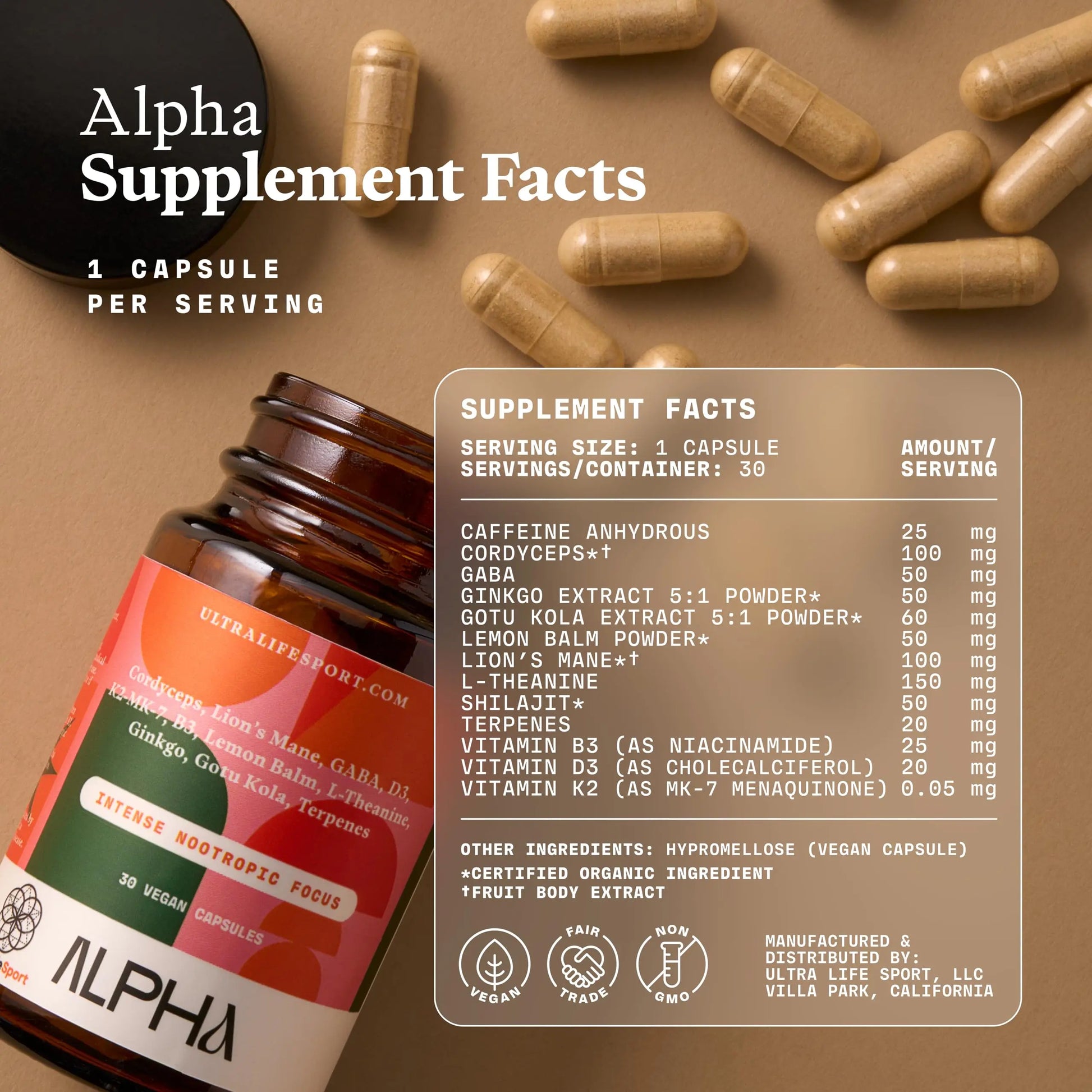 Ultra Life Sport - Alpha Nootropic - 30 Capsule Body and Brain Supplements for Memory and Focus - L-Theanine, B Vitamins, Lion's Mane, Cordyceps Mushrooms, Vitamin D3, K2 MK-7, Lemon Balm and Ginkgo Ultra Life Sportnz supplements