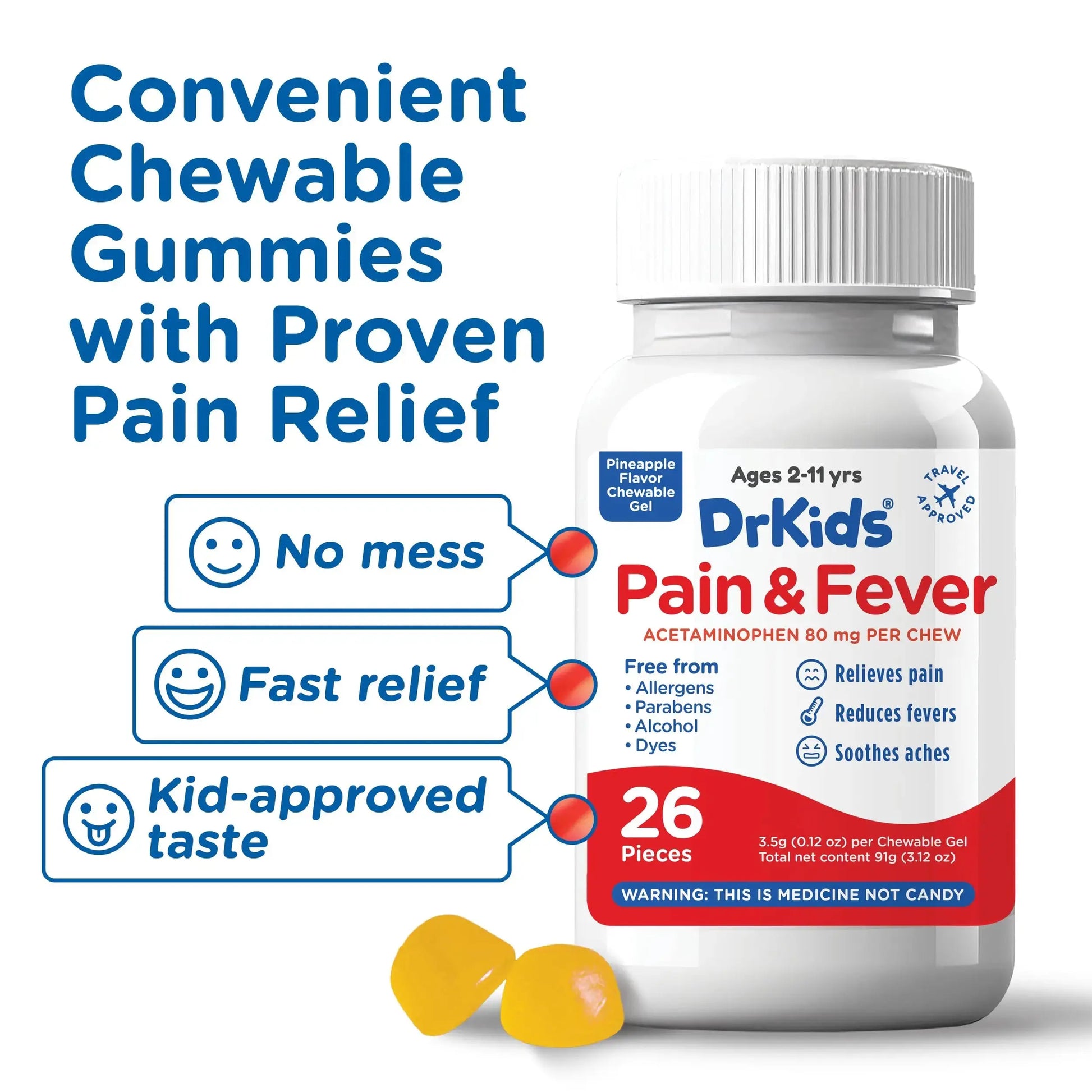 Dr. Kids Children’s Pain and Fever Chewable Gels – Pain Relief and Fever Reducer for Kids Ages 2–11, 80 mg Chewable Acetaminophen for Headache, Sore Throat, Cold & Flu, Pineapple Flavor, 26 Count Dr. KidsAu supplements