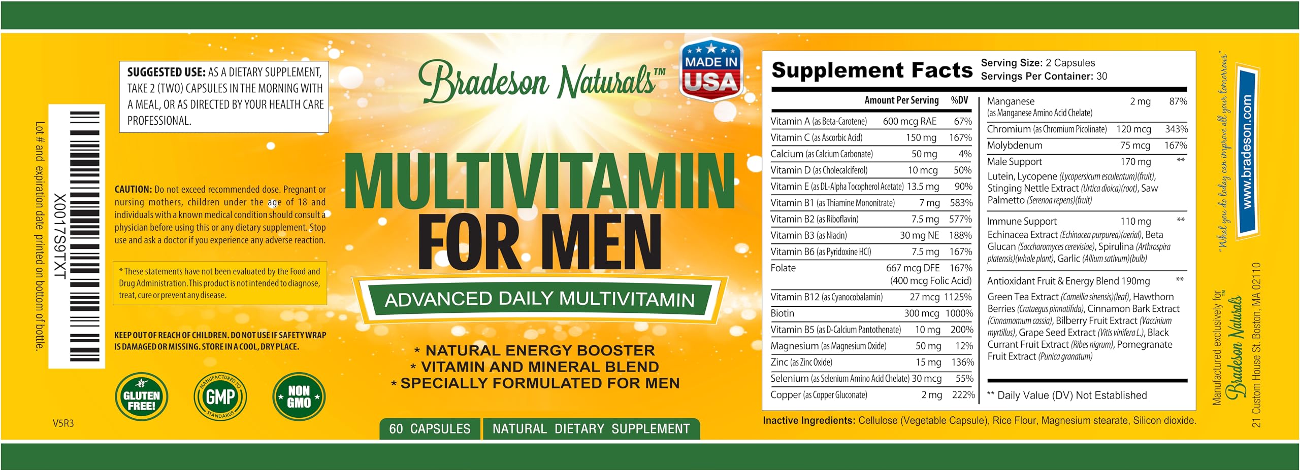 Bradeson Naturals Men's Multivitamin Supplement for Energy, Focus and Performance. Mens Vitamins A, C, D, E & B12, Zinc, Calcium, Magnesium & More. Multi Vitamin 60 Capsules Made in The USA Bradeson NaturalsAu supplements