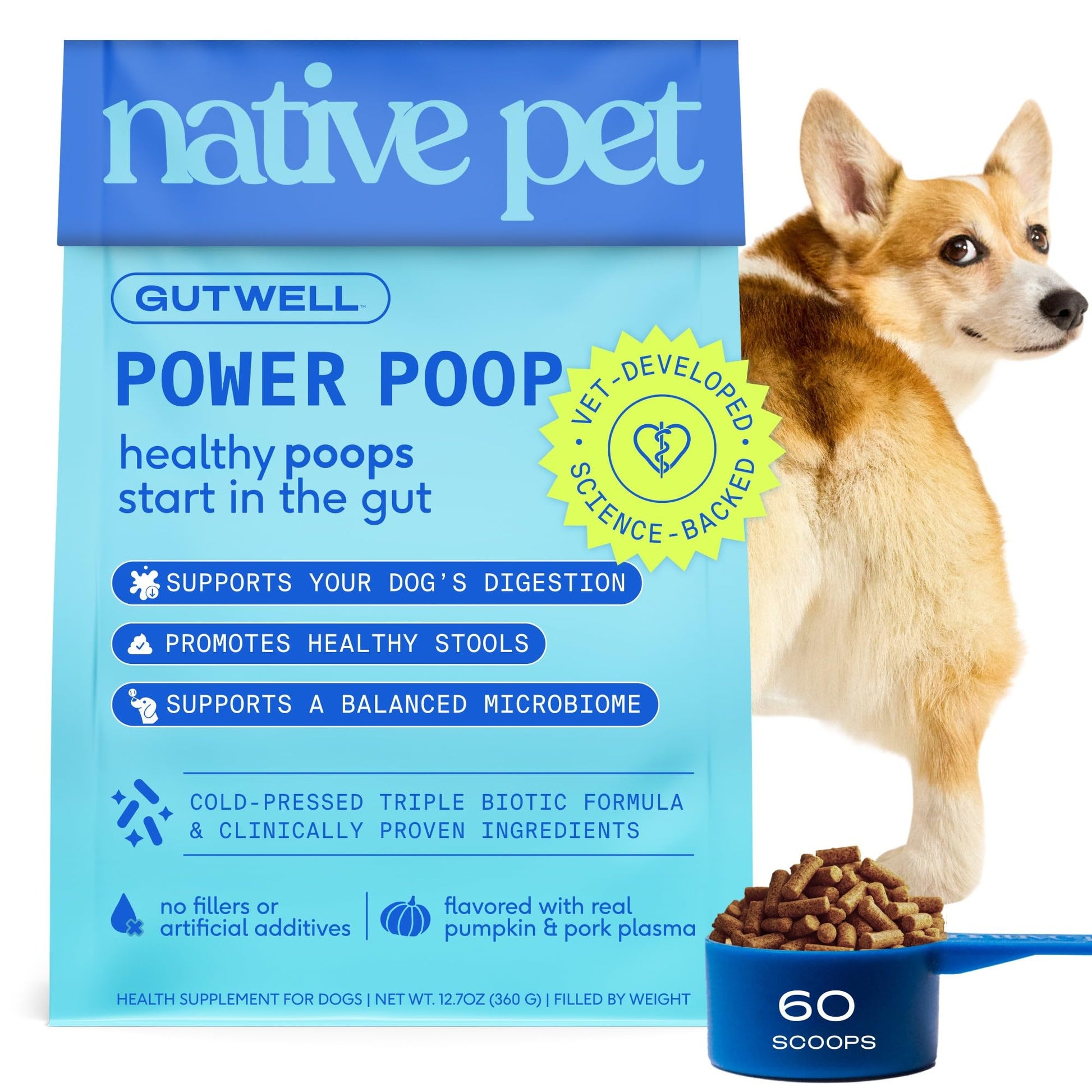 GutWell Power Poop - Digestive Enzymes & Fiber for Dogs - Dog Fiber Supplements Help with Diarrhea Relief, Upset Stomach, Pet Gas & Gut Health with Targeted Triple-Biotic Blend & M-Fiber - 60 Scoops Native PetAu supplements