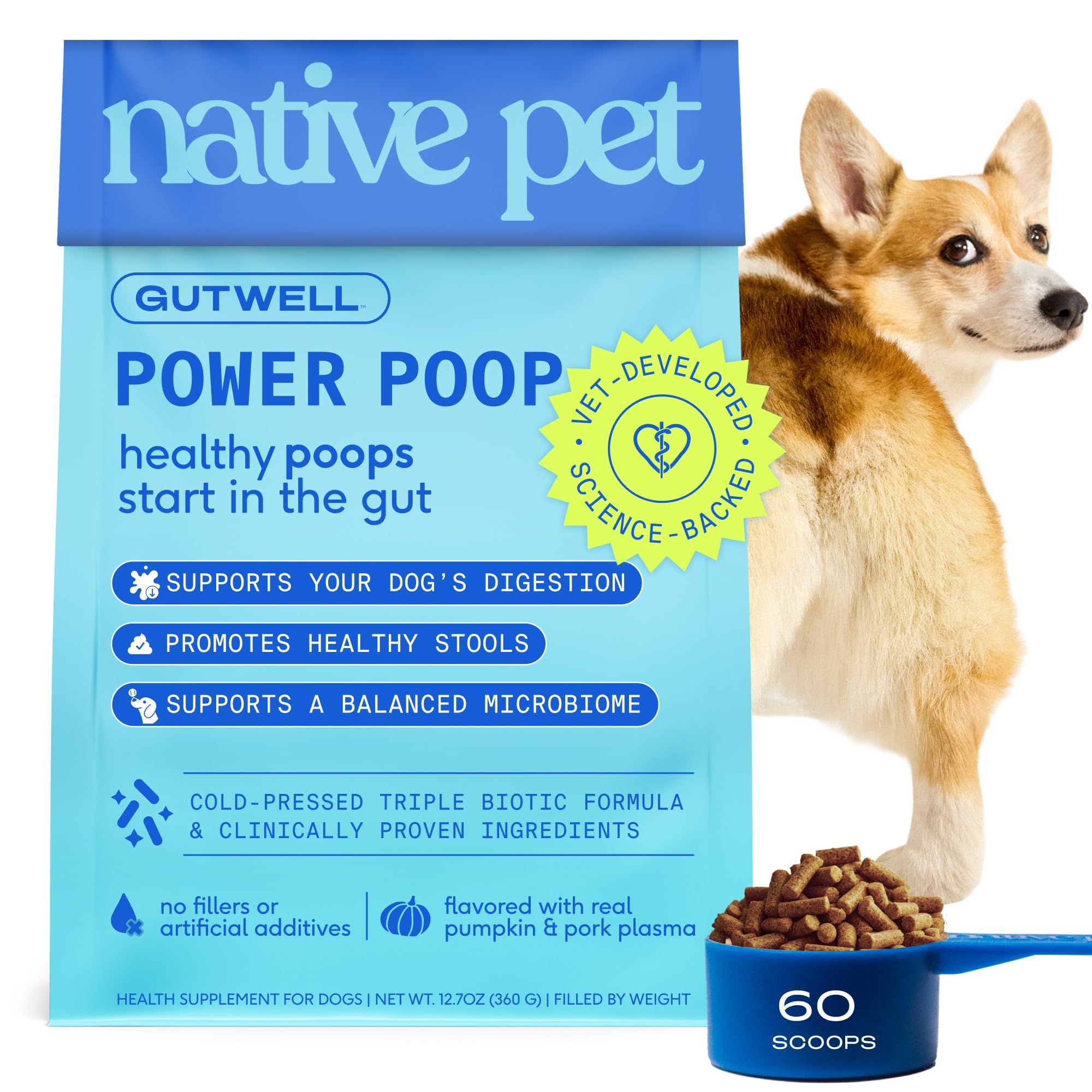 GutWell Power Poop - Digestive Enzymes & Fiber for Dogs - Dog Fiber Supplements Help with Diarrhea Relief, Upset Stomach, Pet Gas & Gut Health with Targeted Triple-Biotic Blend & M-Fiber - 60 Scoops Native PetAu supplements