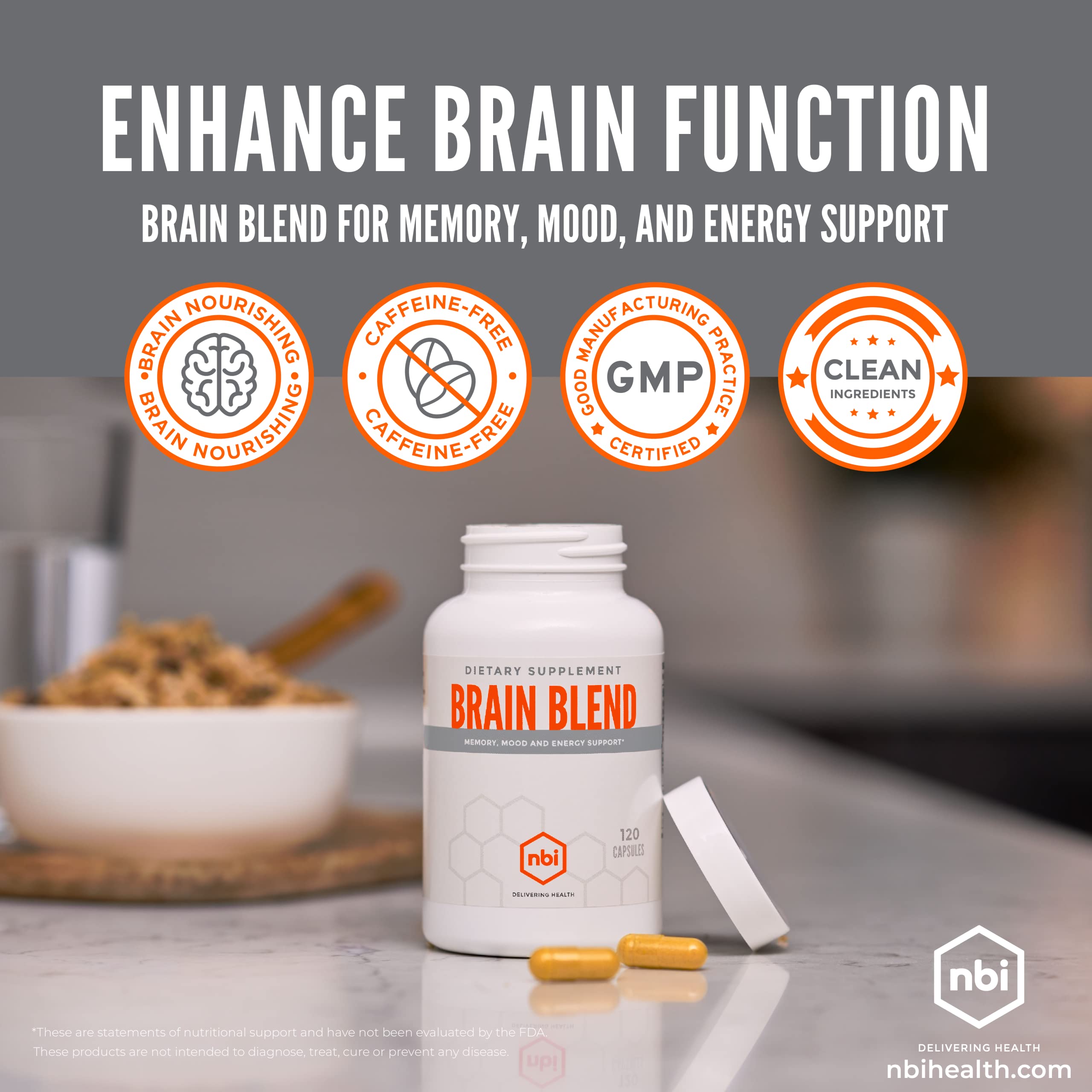 NBI Brain Blend for Memory, Focus, Concentration, Cognitive Function for Men & Women | Caffeine-Free with ALCAR, Alpha Lipoic Acid, Huperzine A, Turmeric | Nootropic | 120ct Capsules NBIAu supplements