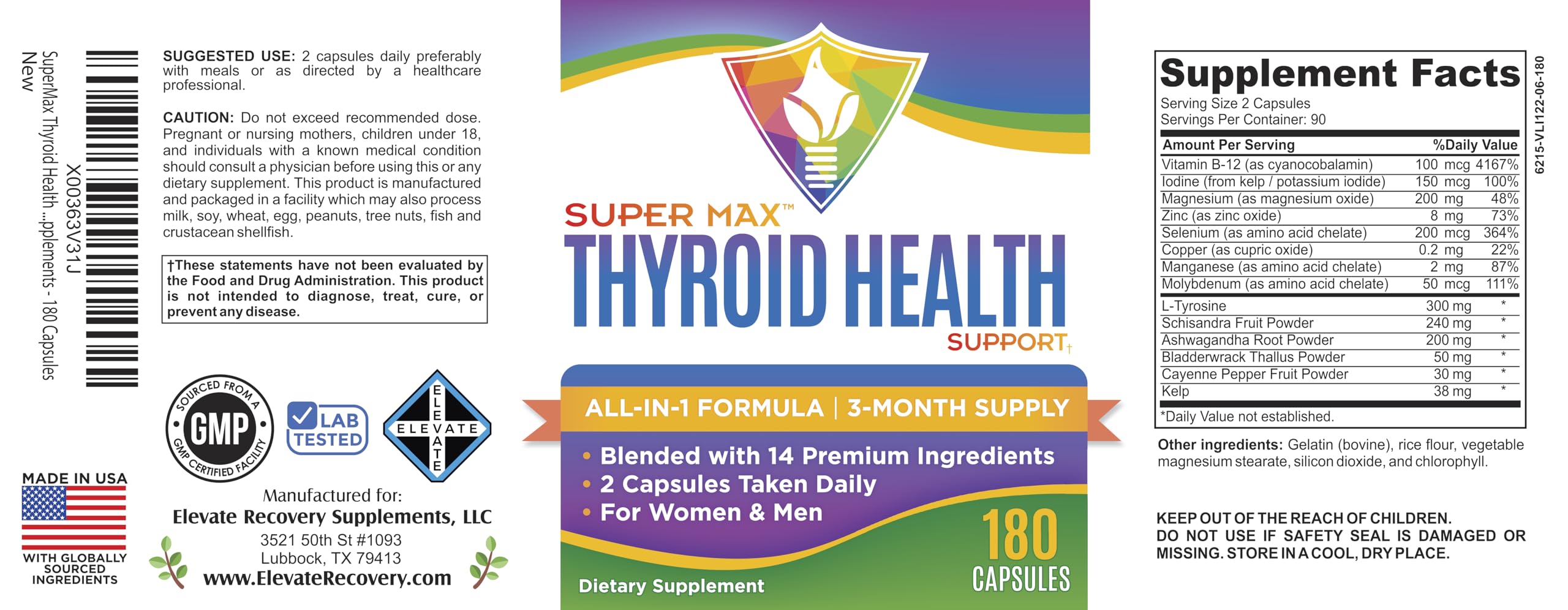 Thyroid Support (3-Month) Supplement All-in-1 with 14 Active Ingredients in 1 Formula | Thyroid Health Support Supplements | Women & Men | 90-Day Bulk Supply | 180 Capsules Elevate Recovery SupplementsAu supplements