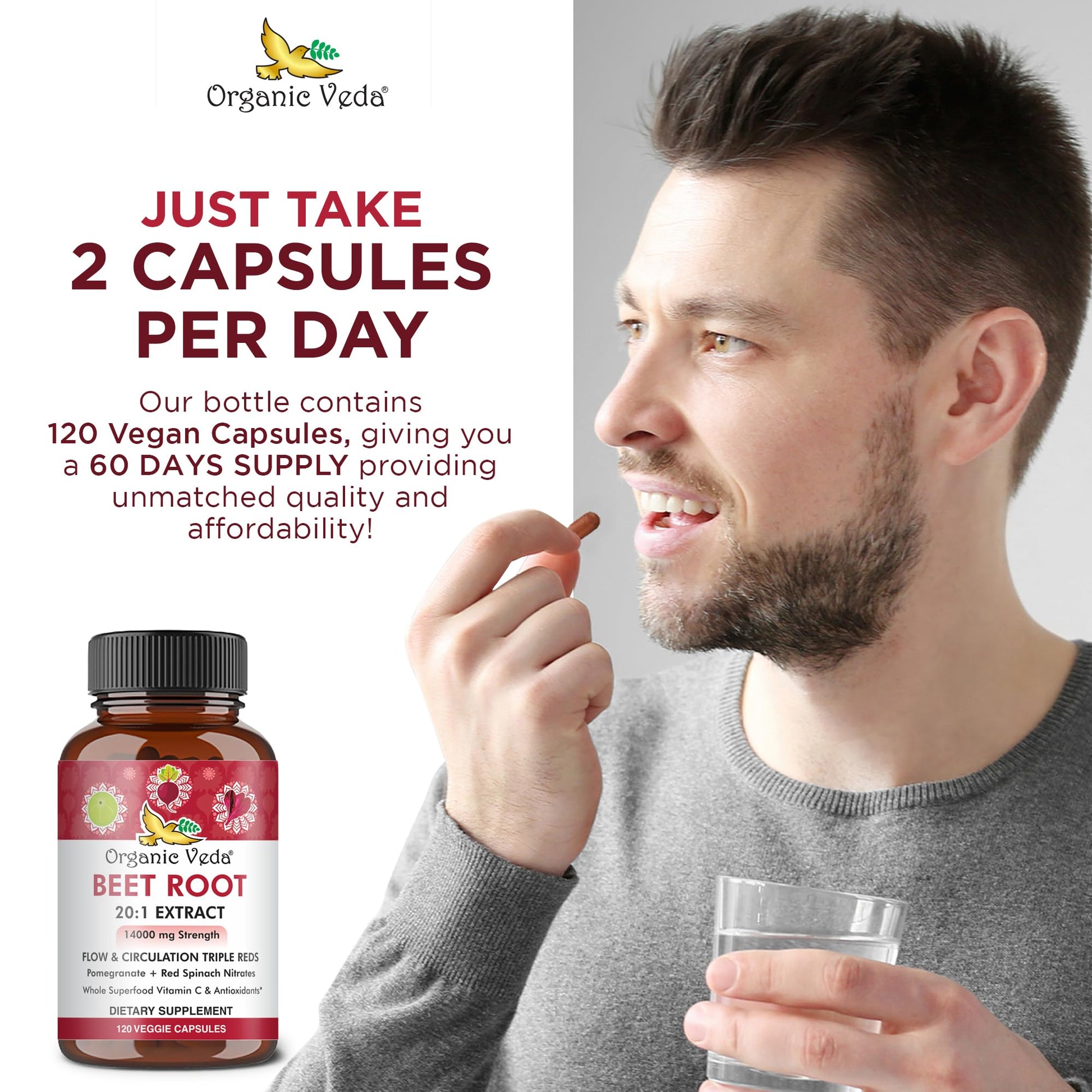 Organic Veda Beet Root Capsules - Triple Reds Nitric Oxide Beets Supplements - Concentrated Organic VedaAu supplements