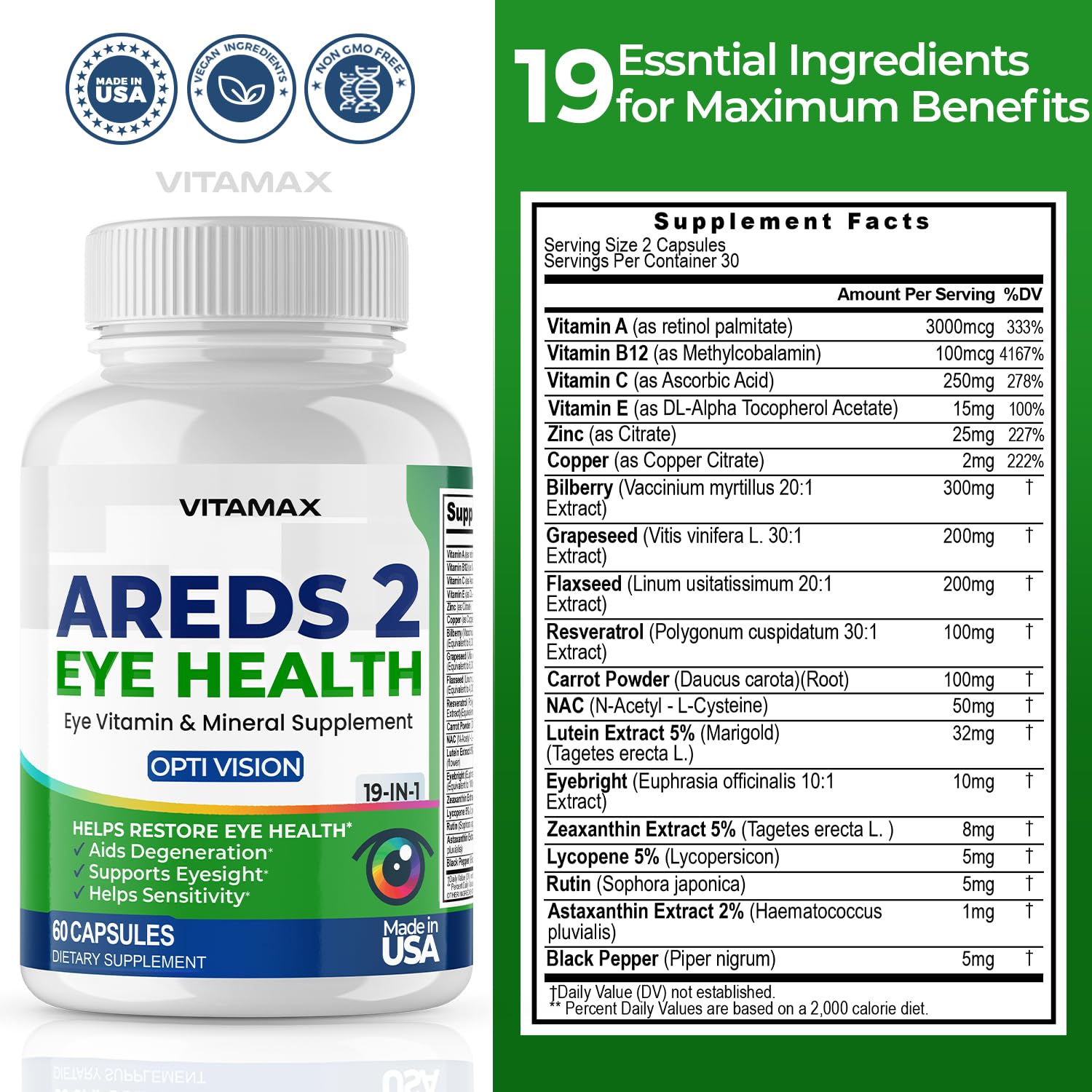 AREDS 2 Eye Vitamins - Lutein, Zeaxanthin, Bilberry, Astaxanthin Mineral Vision Supplement - Supports Eye Strain, Dry Eyes, Pressure, and Vision Health - Made in USA - 120ct VitamaxAu supplements