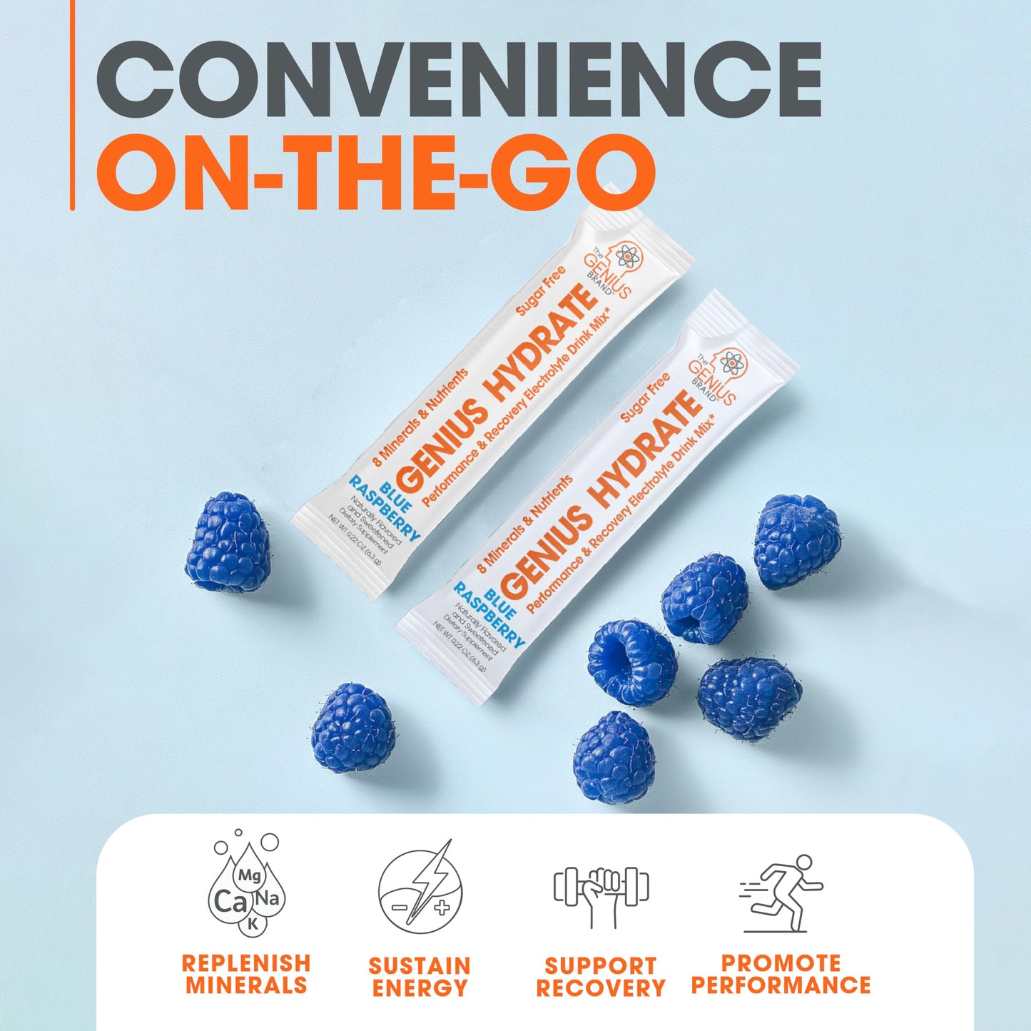 The Genius Brand - Genius Hydrate Stick Pack Powder Drink Mix – Blue Raspberry Flavor, Natural Electrolyte Booster with Coconut Water & Potassium for Ultimate Hydration - 20 Packets The Genius BrandUS supplements