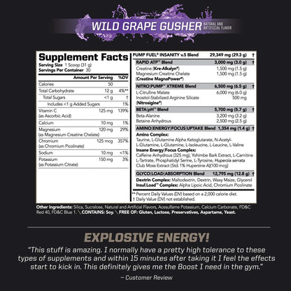 PMD Sports Ultra Pump Fuel Insanity - Pre Workout - Grape Gusher (30 Servings) PMDUS supplements