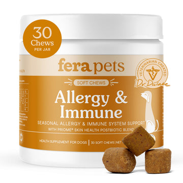 Fera Pets Dog Allergy and Immune Support with Organic Mushrooms, Postbiotics & Colostrum - Promotes Skin & Gut Health - Soothes Seasonal Allergy Symptoms - 30 Soft Chews Fera PetsAu supplements